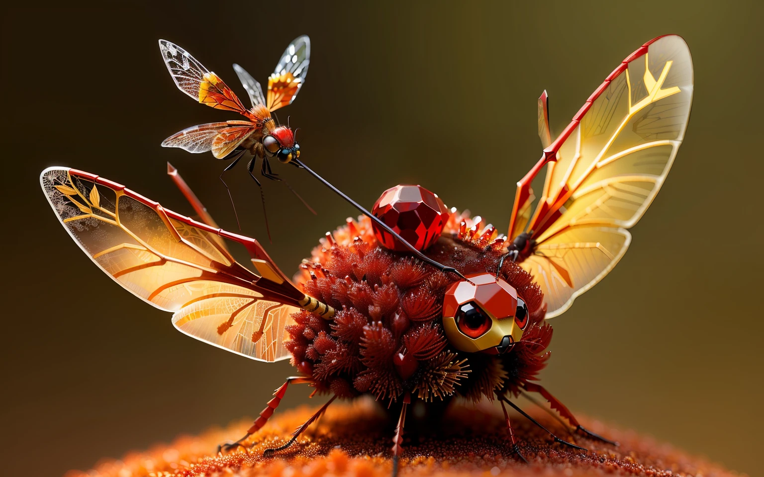 cute anthill covered with red crystal with cute red dragonfly on top, fanatasy,art