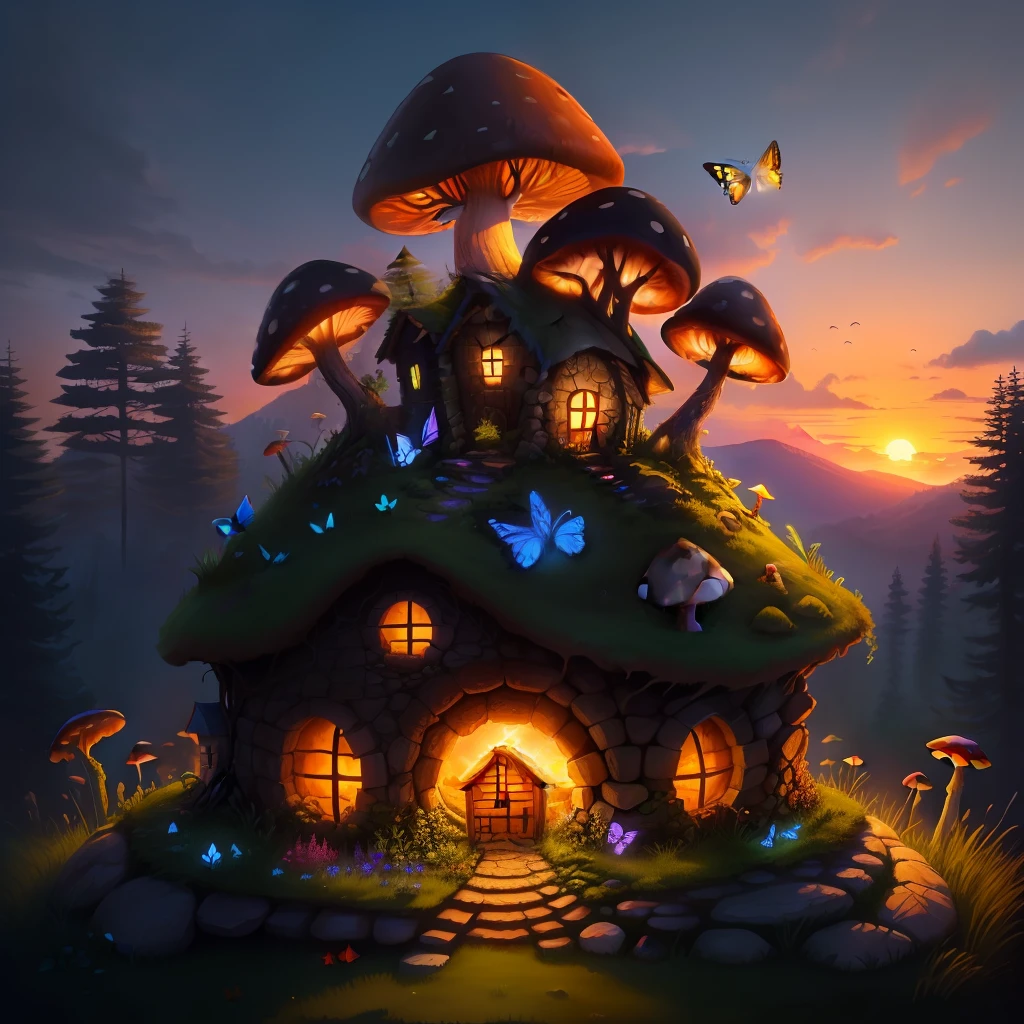 Mushroom house in a stone pile and grass pile on which stands a tree with lots of fairies and thick roots. Epic sunset in the back. 4k butterflies and fairies