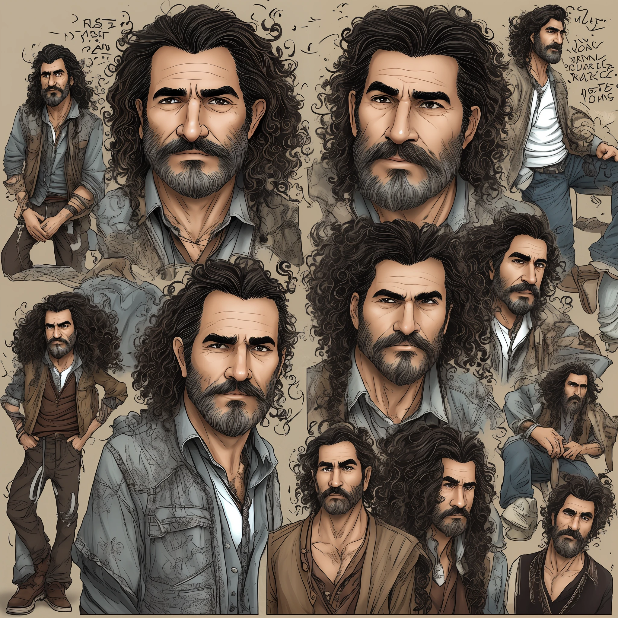 Male,middle-aged, brown, medium height, brown eyes, ((long curly black hair)), long gray beard, fleshy lips, round face, ((brown skin)), full eyebrows, thin, street artist, torn pants, boho blouse:: comic strips::1 character sheet, character design multiple poses::2 adrian tomine::3 hispanic::1