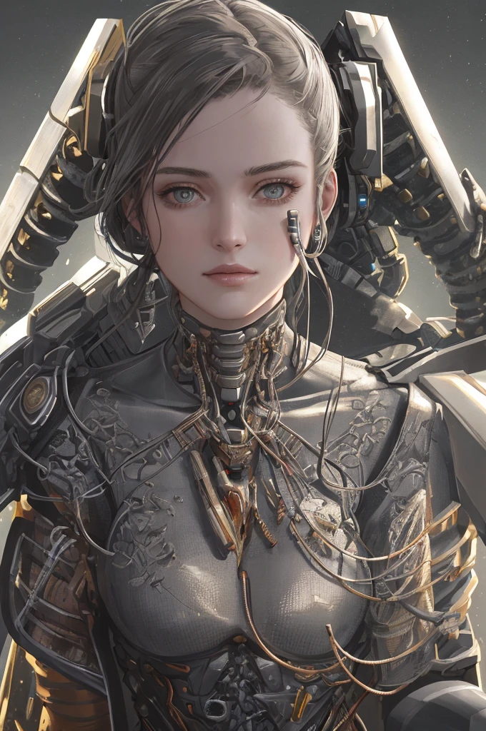 1mechanical girl,((ultra realistic details)), portrait, global illumination, shadows, octane render, 8k, ultra sharp,metal,intricate, ornaments detailed, cold colors, egypician detail, highly intricate details, realistic light, trending on cgsociety, glowing eyes, facing camera, neon details, machanical limbs,blood vessels connected to tubes,mechanical vertebra attaching to back,mechanical cervial attaching to neck,sitting,wires and cables connecting to head