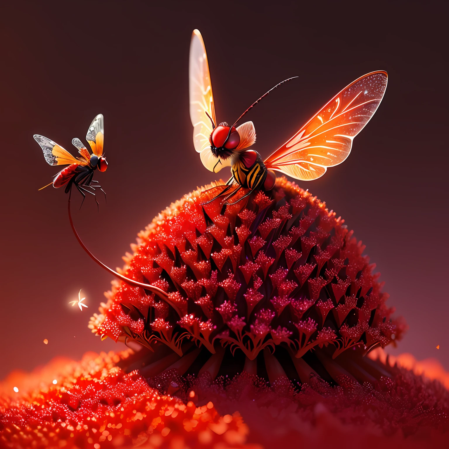 Anthill covered with red diamonds with glowing cute red dragonfly on top, fantasy,art