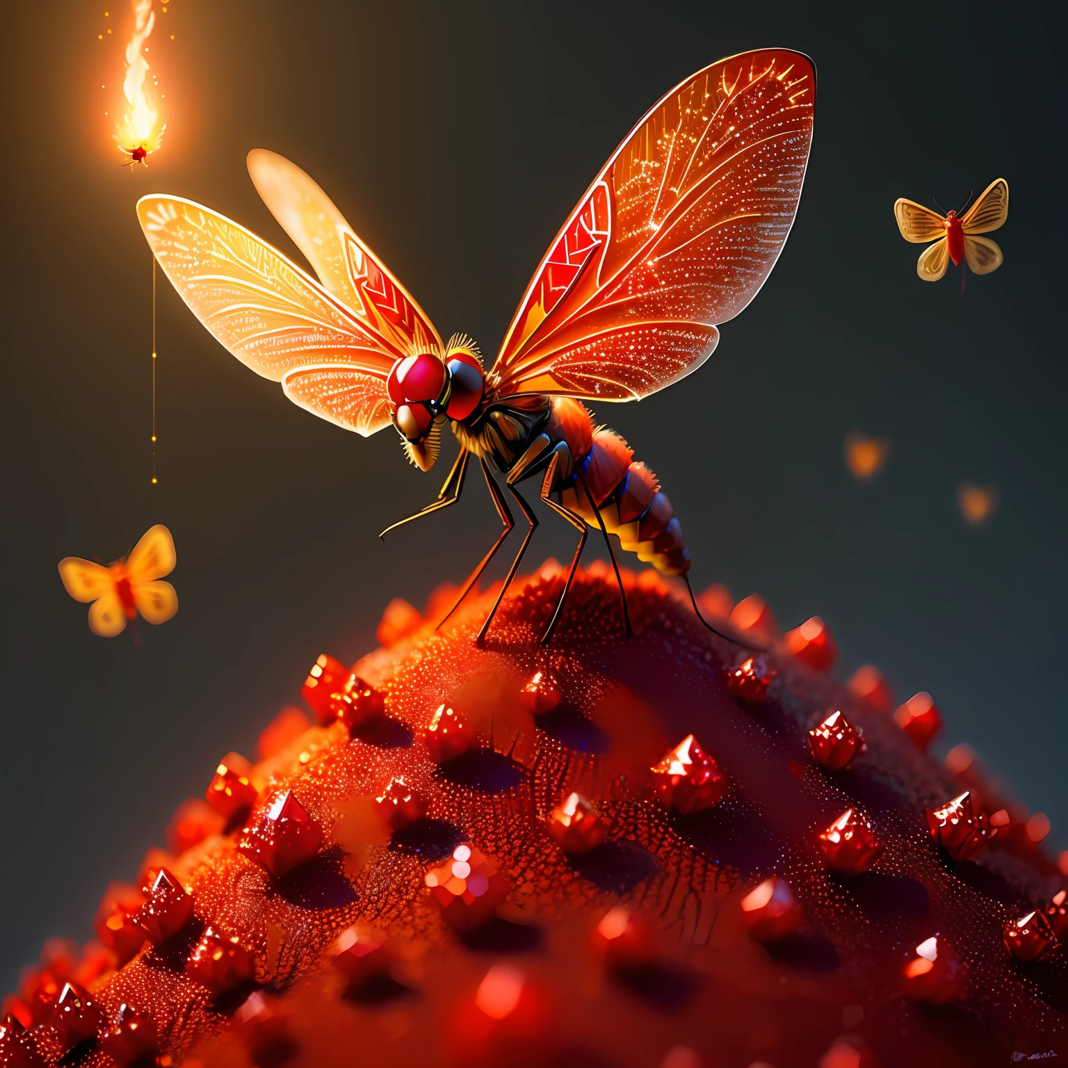 Anthill covered with red diamonds with glowing cute red dragonfly on top, fantasy,art