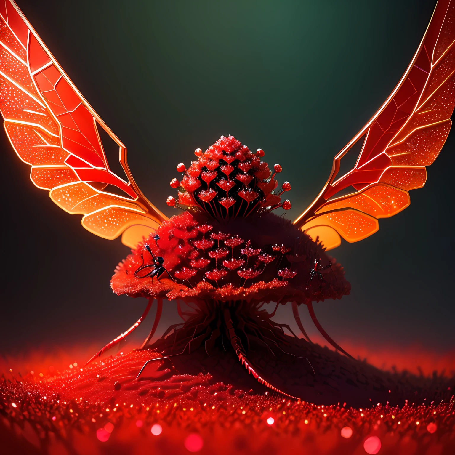 Anthill covered with red diamonds with glowing cute red dragonfly on top, fantasy,art