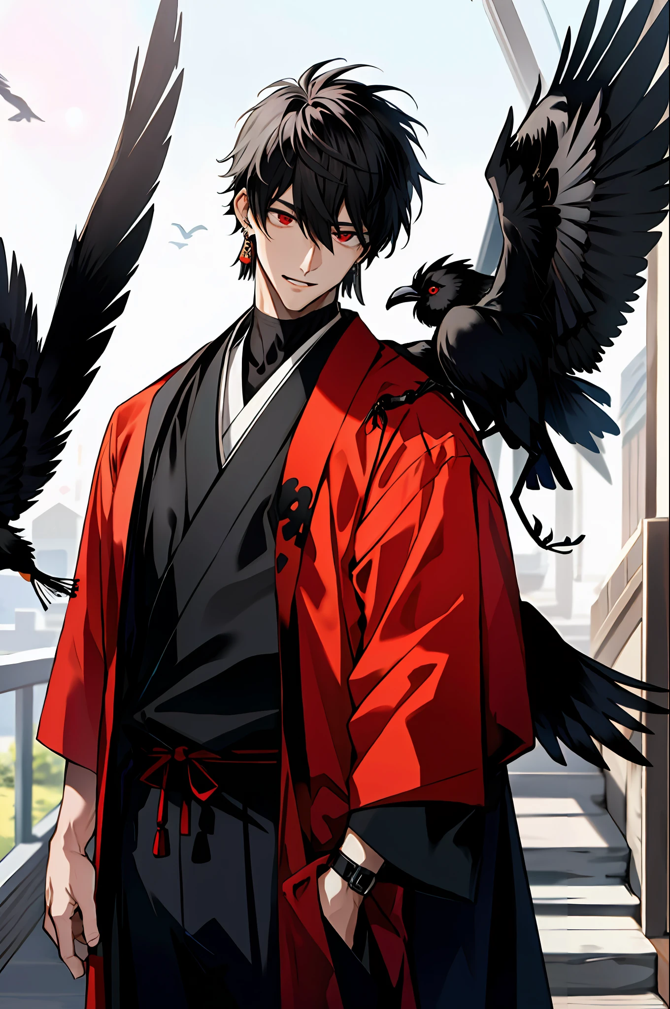 masterpiece, best quality, (1 male), 25 years old, mature, short hair, korean hair, black hair, red eyes, small earrings, arm tattoo, streetwear, techwear, feudal japan, from above, (dutch angle, fisheye), lens flare, depth of field, crows flying behind, feudal city, end of day, twilight, dusk, dark theme