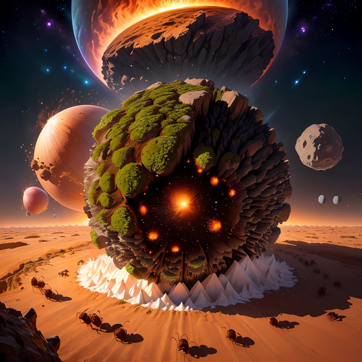 an onion asteroid colliding with the ground, run ants run!, fire, doomsday