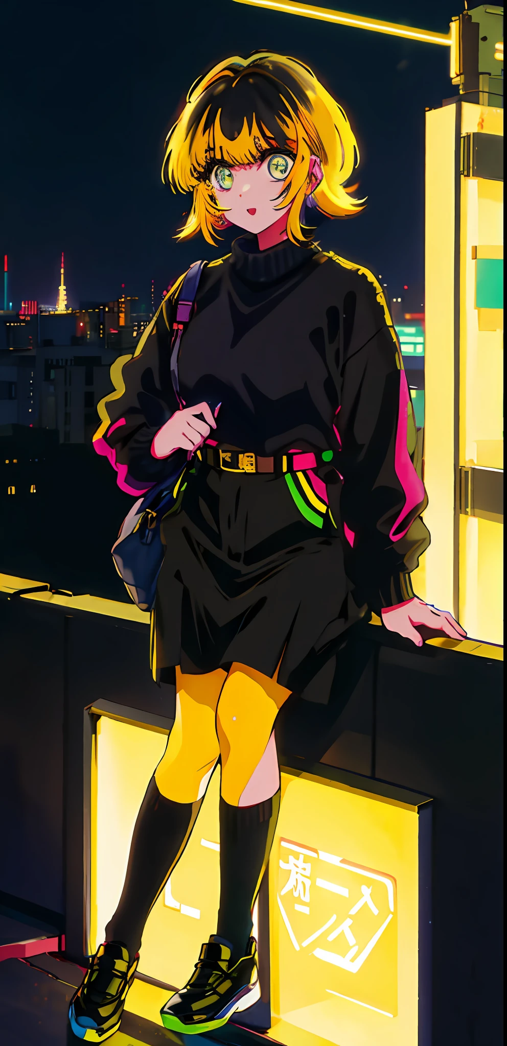1girl, solo, black sweater uniform, bangs,happy,posing, multicolored hair, (masterpiece:1.2), highres, best quality, 8k, Night neon city Tokyo background, yellow hair
