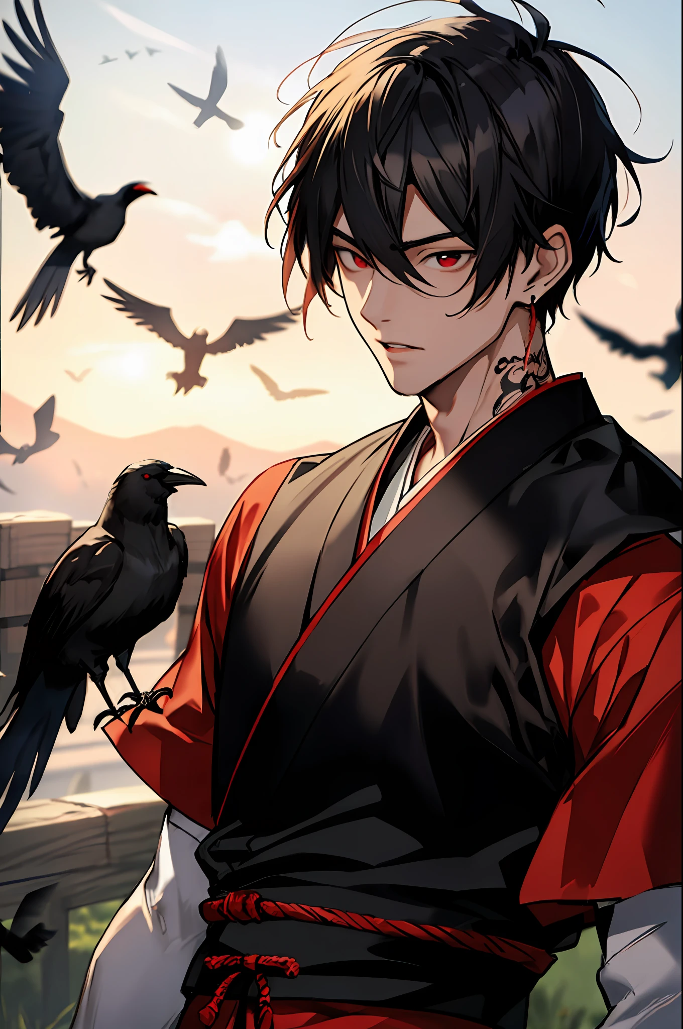 masterpiece, best quality, (1 male), 25 years old, mature, short hair, korean hair, black hair, red eyes, small earrings, arm tattoo, ninja clothes, shinobi, feudal japan, from above, (dutch angle) , fisheye), lens flare, depth of field, crows flying behind, feudal city, end of day, twilight, dusk, dark theme