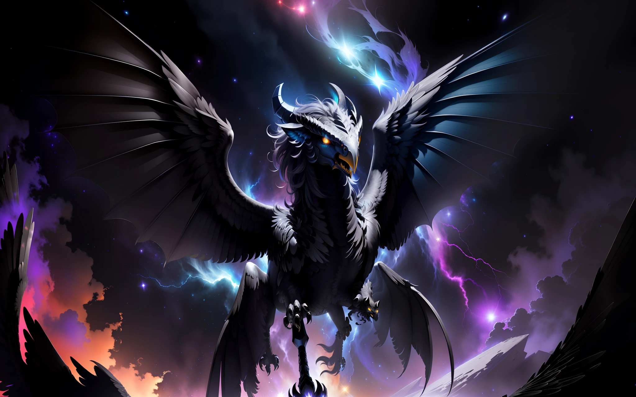 A big winged black chimera, scary against a galaxy background