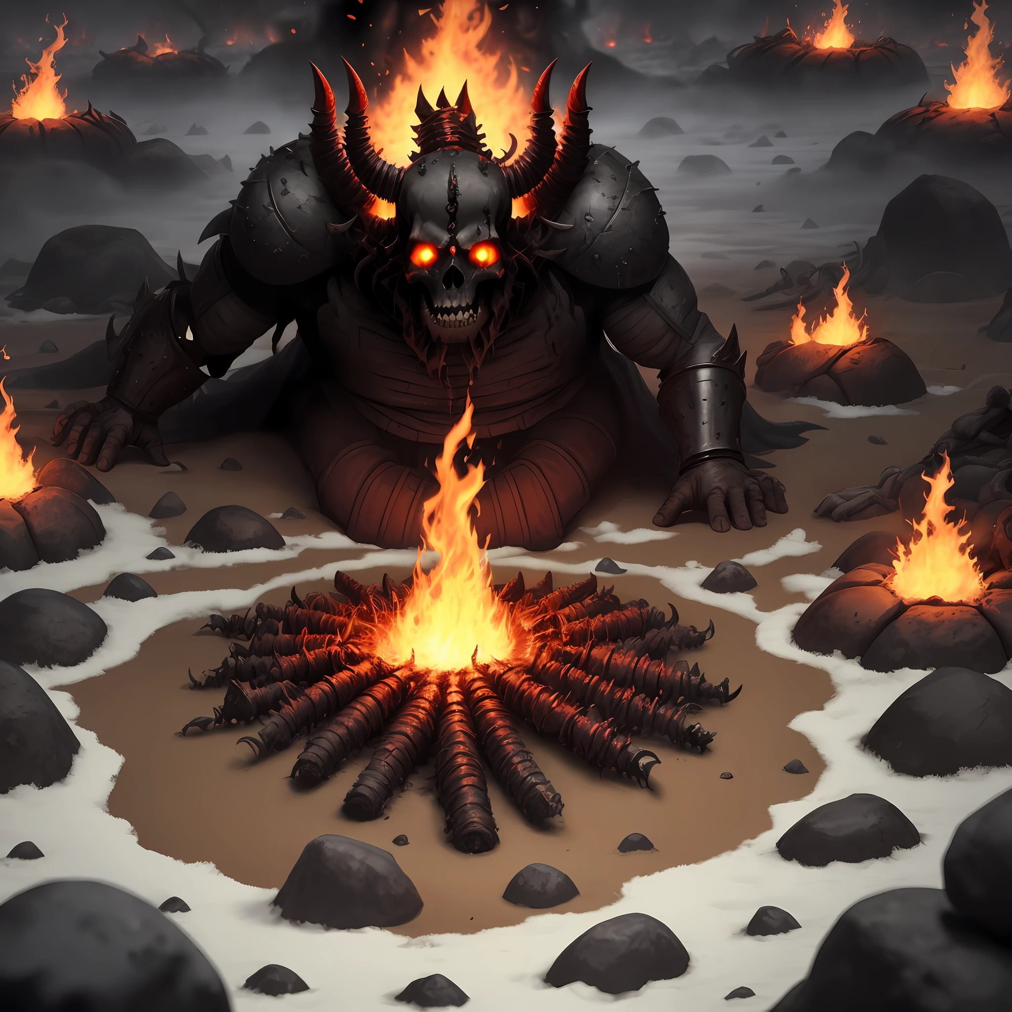 Legion of demons torturing people, hellish environment, fire and skulls on the ground