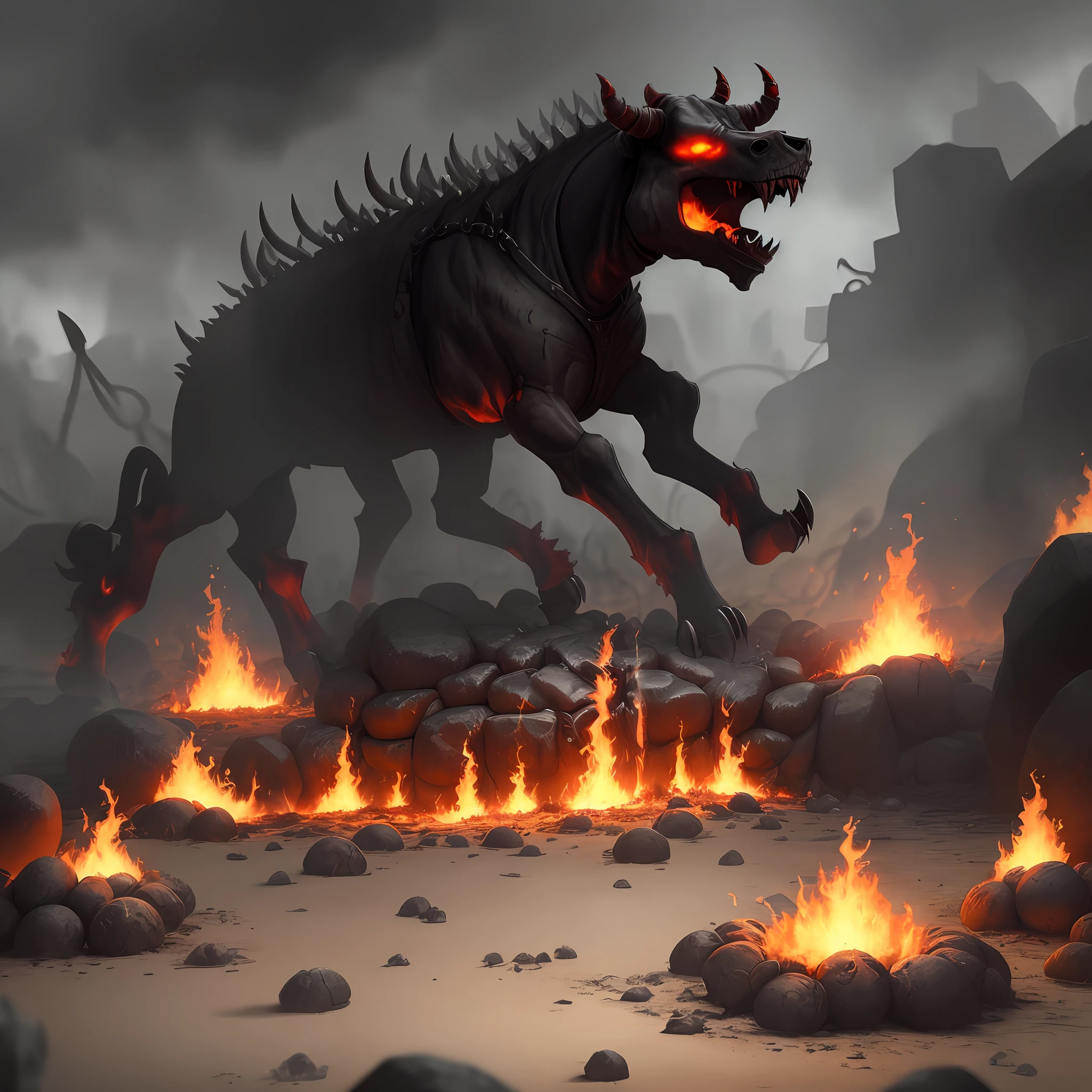 Legion of demons torturing people, hellish environment, fire and skulls on the ground