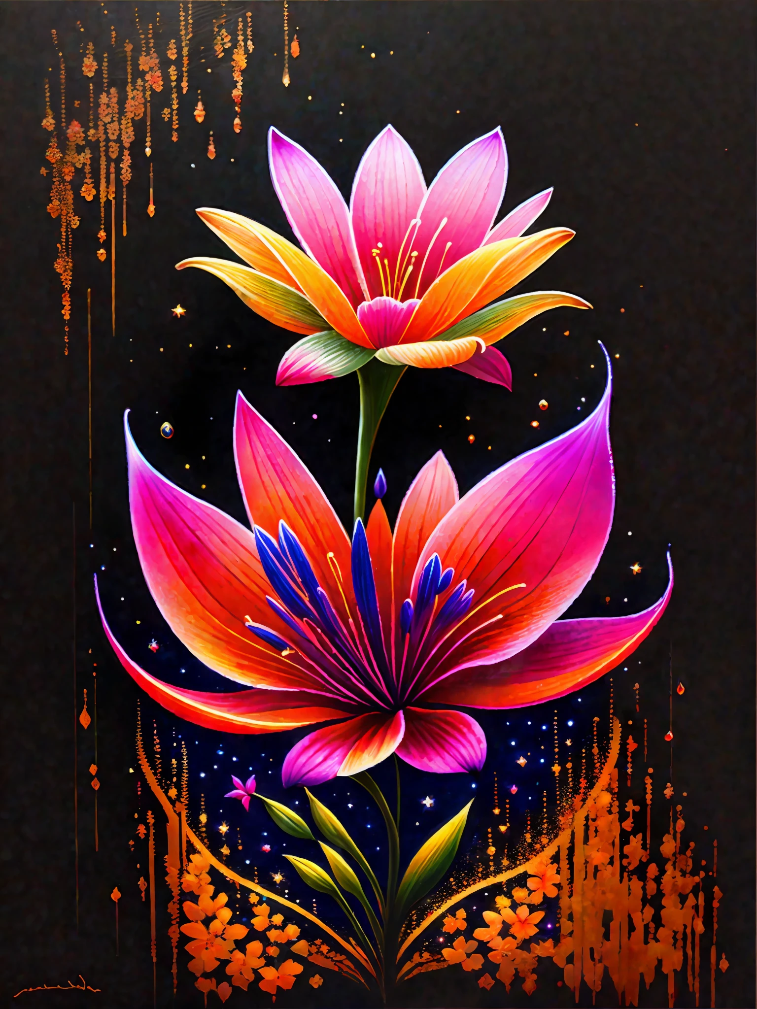 a painting of a colored lily on a black background,, breathtaking rendering, within a radiant connection, inspired by Kinuko Y. Craft,, magical elements, icon of a lily, wow, is beautiful, casting a multi colorful spell, bright flash, flash