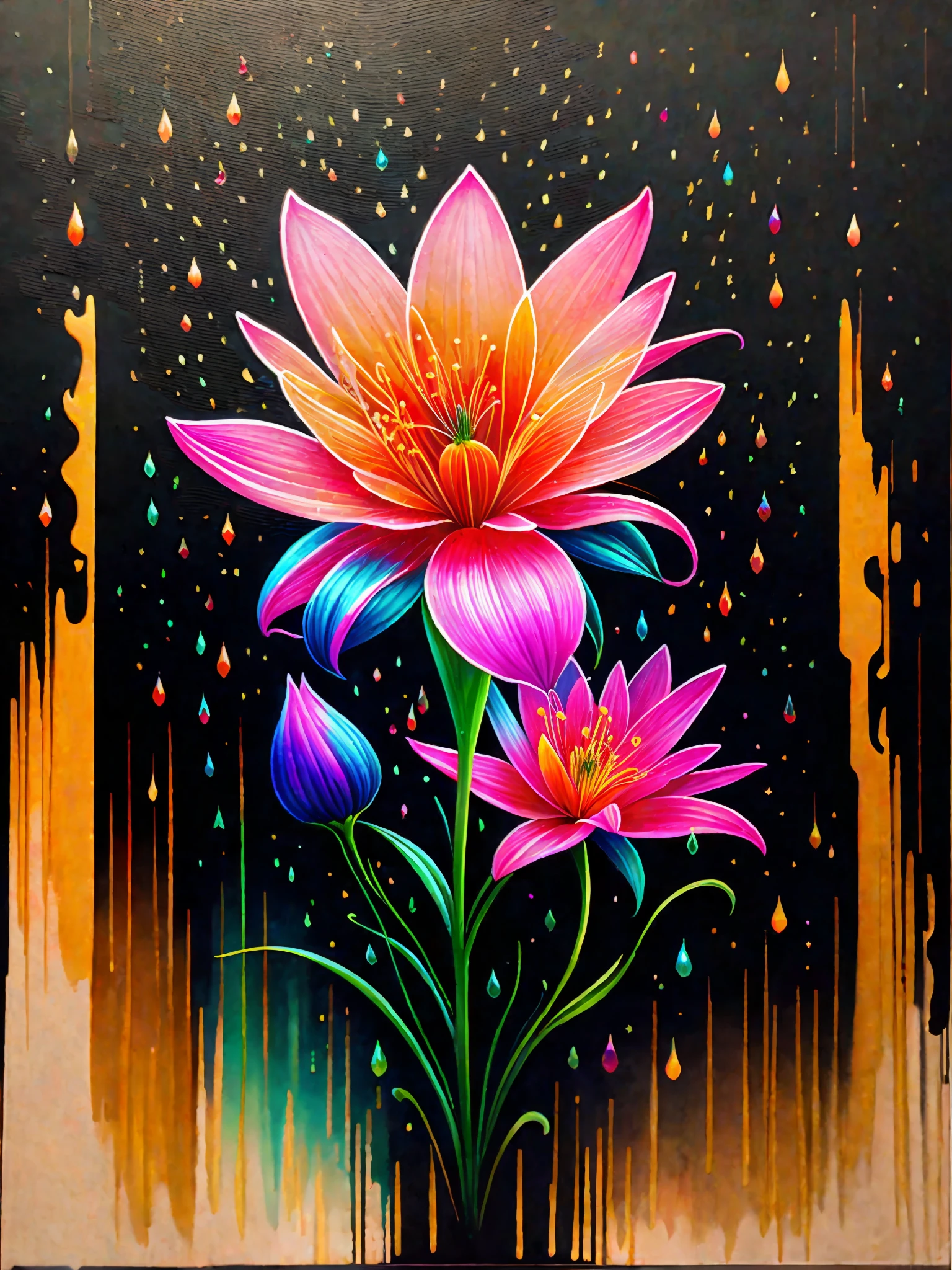 a painting of a colored lily on a black background,, breathtaking rendering, within a radiant connection, inspired by Kinuko Y. Craft,, magical elements, icon of a lily, wow, is beautiful, casting a multi colorful spell, bright flash, flash