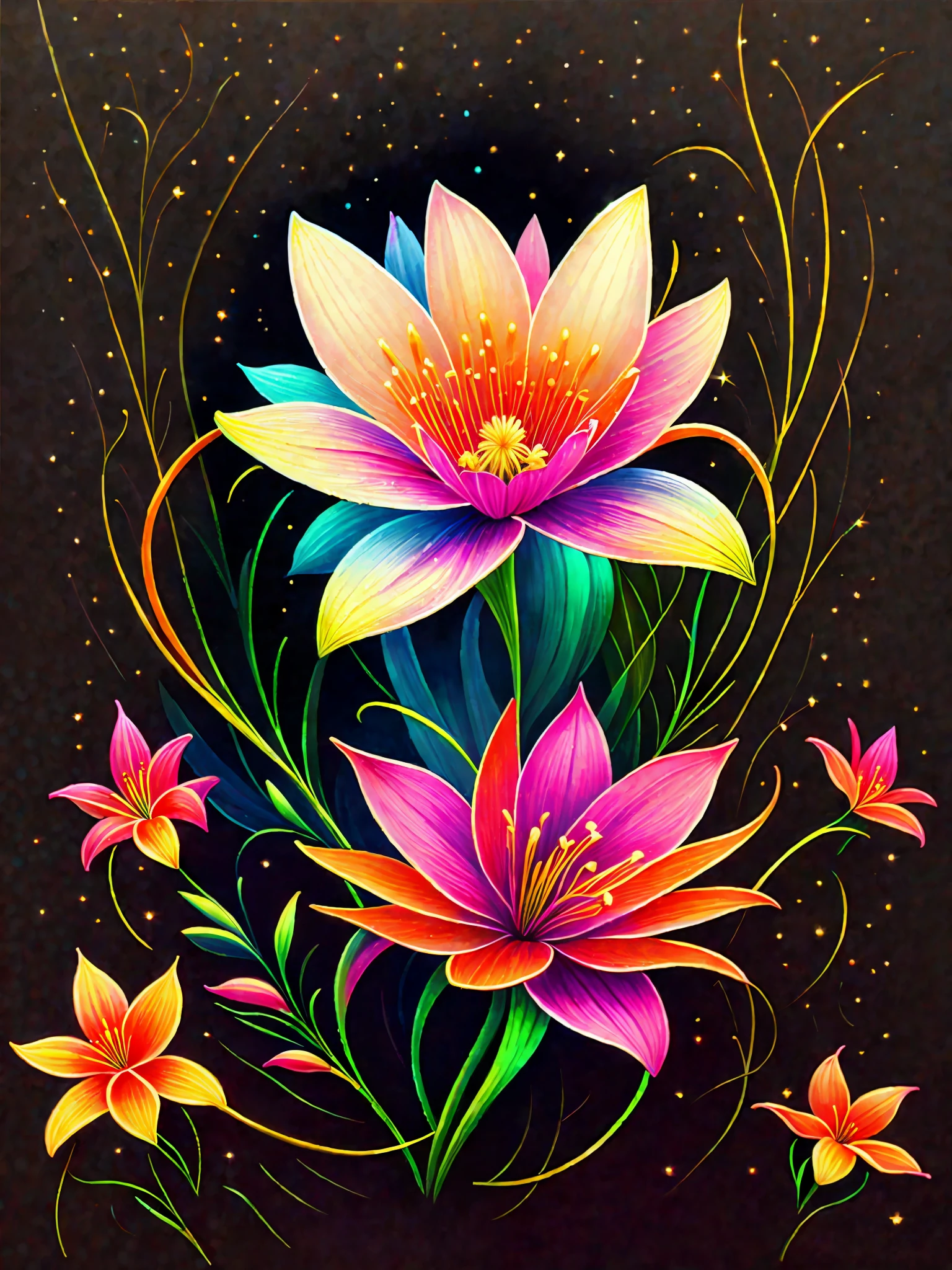 a painting of a colored lily on a black background,, breathtaking rendering, within a radiant connection, inspired by Kinuko Y. Craft,, magical elements, icon of a lily, wow, is beautiful, casting a multi colorful spell, bright flash, flash