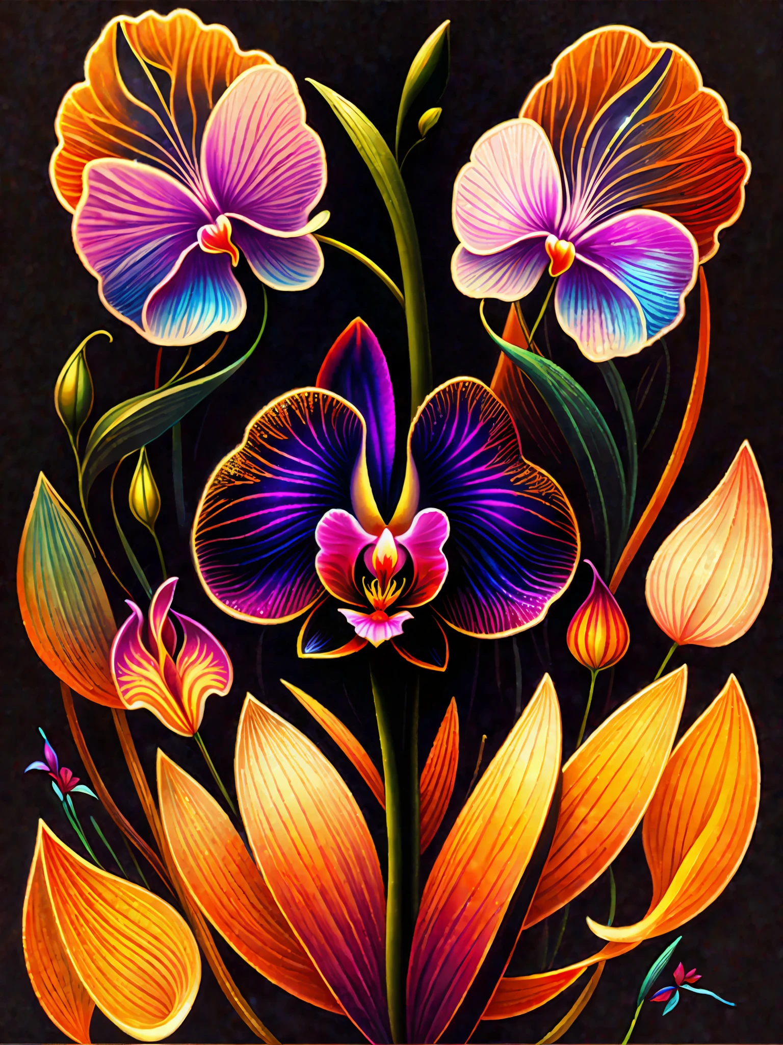 a painting of a colorful orchid on a black background,, breathtaking rendering, within a radiant connection, inspired by Kinuko Y. Craft,, magical elements, icon of an orchid, wow, is beautiful, casting a multi colorful spell, bright flash, flash
