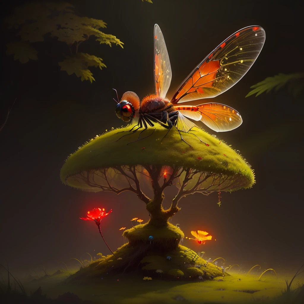 anthill covered with moss with glowing red dragonfly sitting on top, fantasy, art