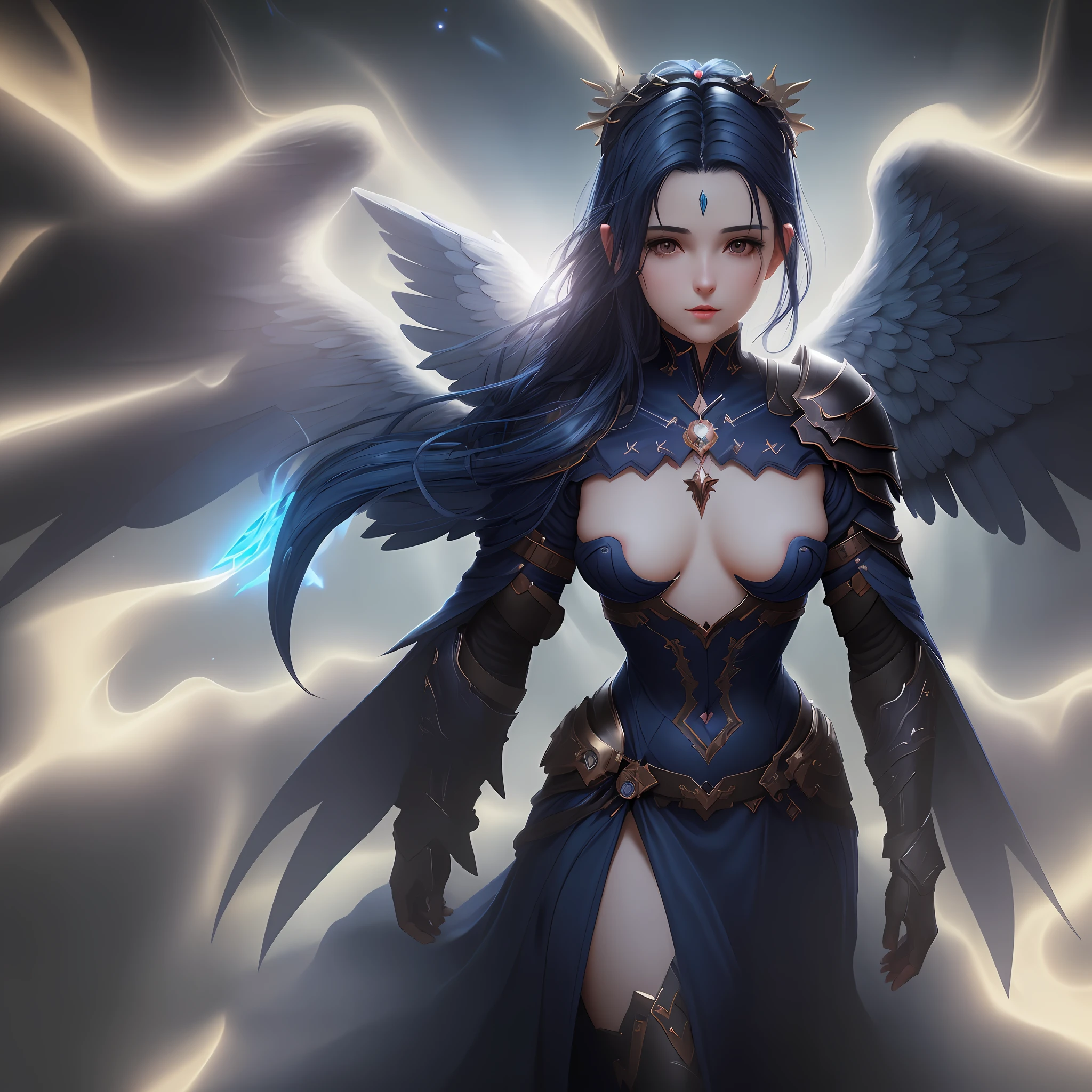 The female angel of love (small breasts, dark blue hair), masterpiece, best quality, (extremely detailed 8k unity CG wallpaper), (best quality), (best illustration), (best shadow), absurdities, realistic lighting, (Abyss), beautiful detailed brightness,