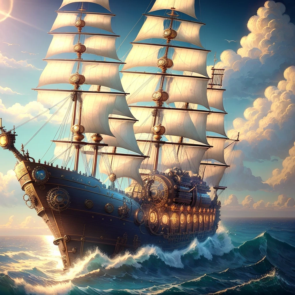 (best quality, masterpiece), (steampunk, ocean, vessel)