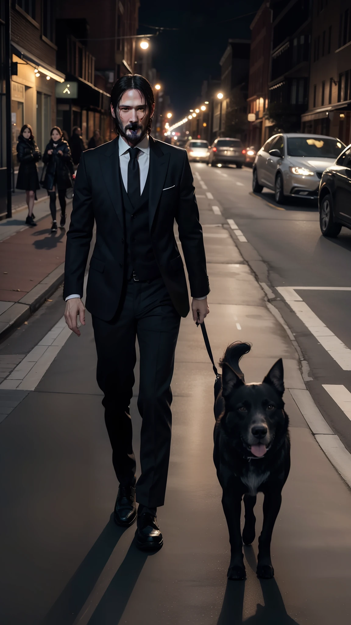 John wick and her dog walking together, on the street, cinematic lighting hyper realistic super details