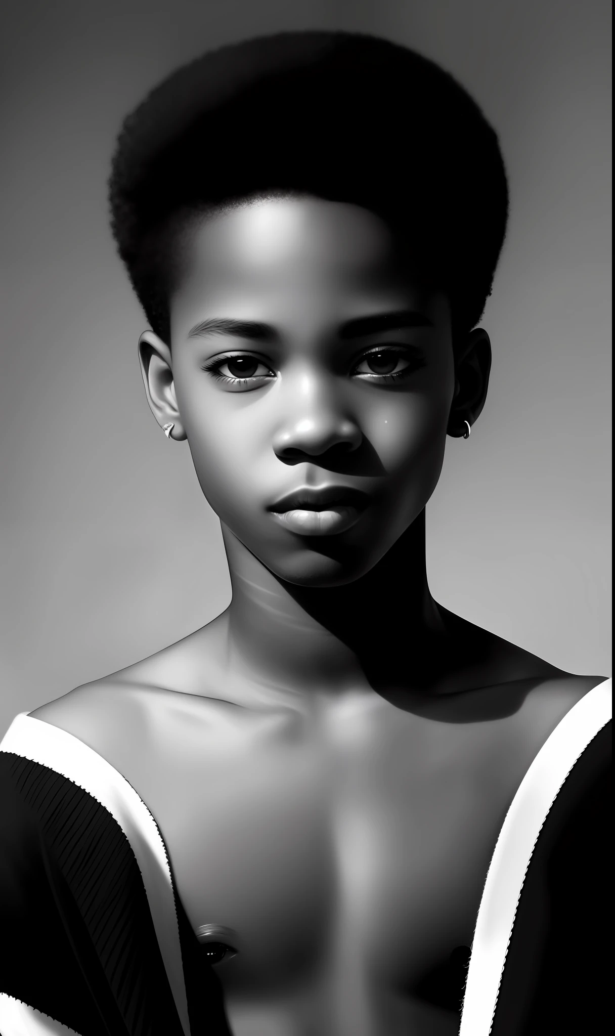 Extreme Macro, close-up black and white sleeve, African-American black age boy with a shy flirtatious expression, gorgeous manga-style eyes by Ray Caesar, artgerm exaggerated facial features