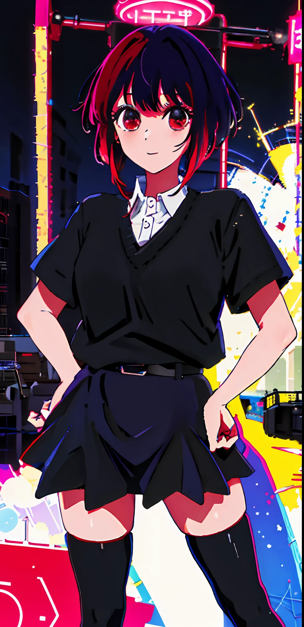 1girl, solo, black sweater uniform, bangs,happy,posing, multicolored hair, (masterpiece:1.2), highres, best quality, 8k, Night neon city Tokyo background, white hair