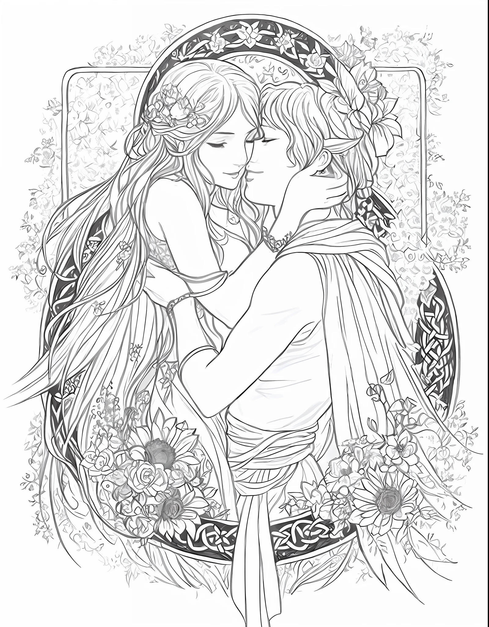 a drawing of a couple kissing in a frame with flowers, beautiful line art, extremely fine ink lineart, exquisite line art, beautiful detailed fantasy, fantasy coloring, fantasy drawing, celtic fantasy art, black and white coloring, edmund blair and charlie bowater, line art, insanely detailed linework, black and white line art, faeornran, outlined art