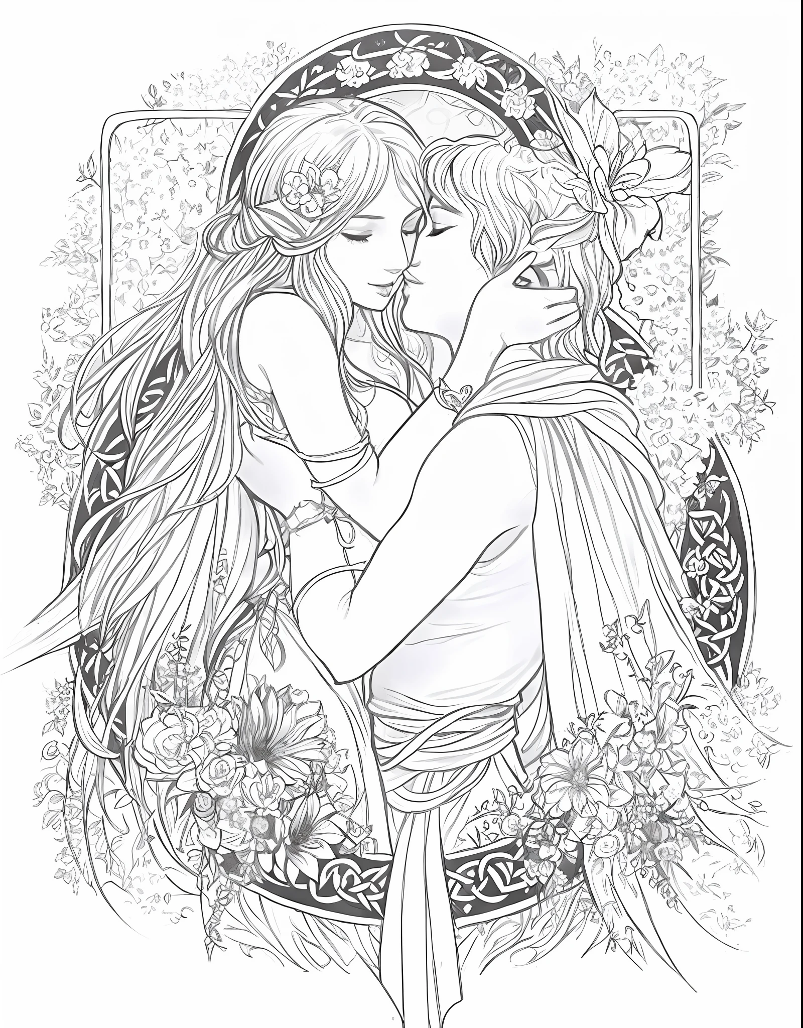 a drawing of a couple kissing in a frame with flowers, beautiful line art, extremely fine ink lineart, exquisite line art, beautiful detailed fantasy, fantasy coloring, fantasy drawing, celtic fantasy art, black and white coloring, edmund blair and charlie bowater, line art, insanely detailed linework, black and white line art, faeornran, outlined art