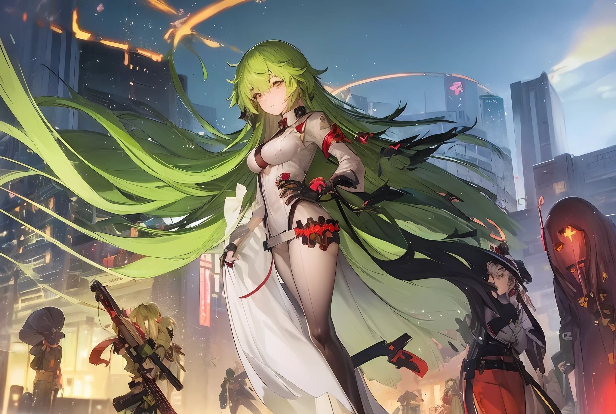 Anime girl in green coat and red skirt walks in front of building, from high detail official artwork, girls frontline CG, girls frontline, official character art, girls frontline style, official art, fine details. Girls Frontline, trending on art station pixiv, smooth anime CG art, evil smile