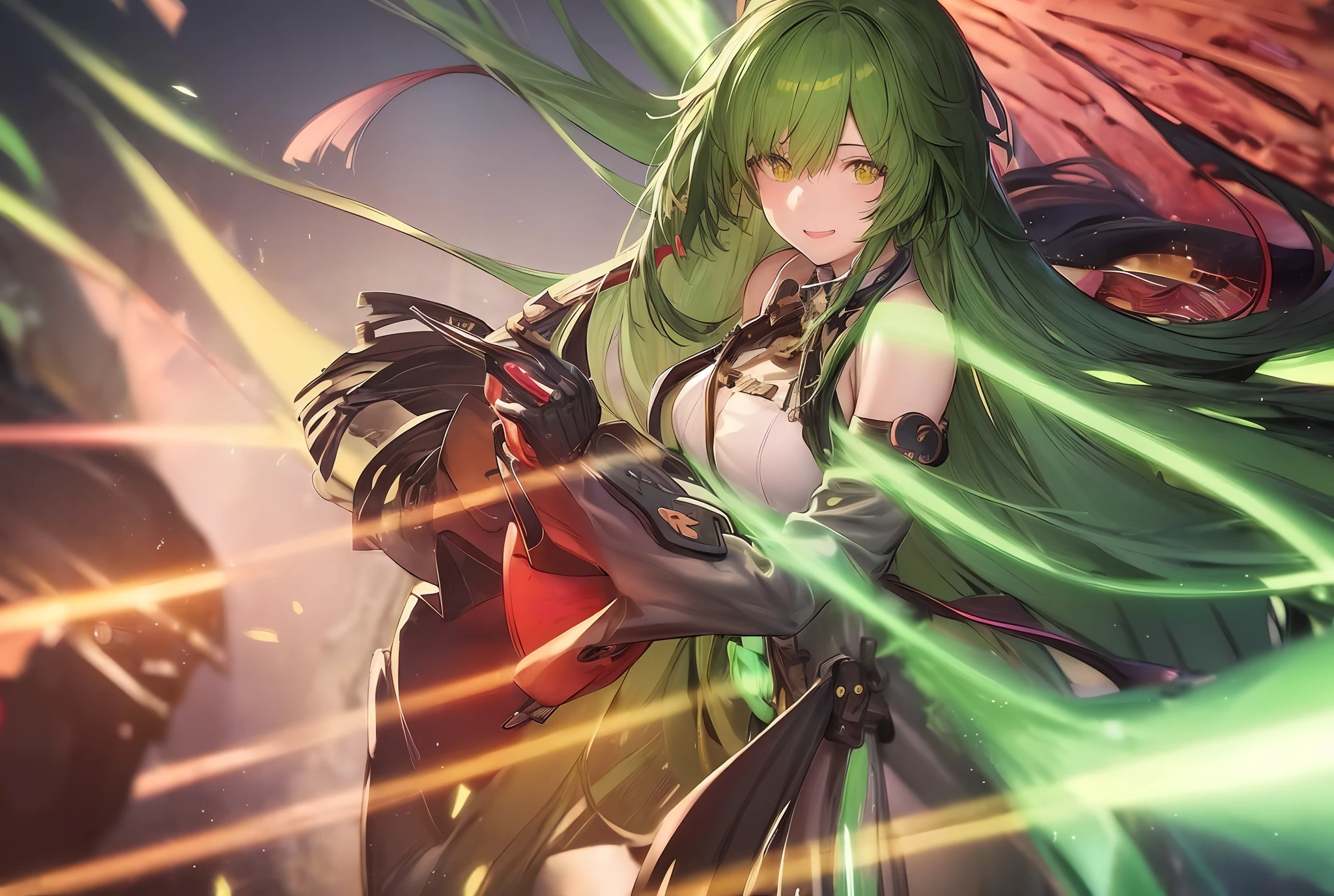 Anime girl in green coat and red skirt walks in front of building, from high detail official artwork, girls frontline CG, girls frontline, official character art, girls frontline style, official art, fine details. Girls Frontline, trending on art station pixiv, smooth anime CG art, evil smile