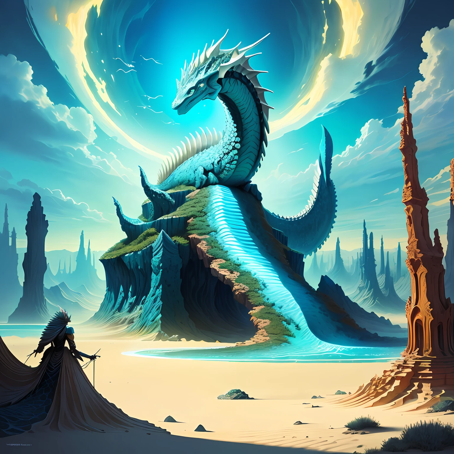 epic fossilized otherworldly sea dragon used as anthill, fantasy, vivid, art