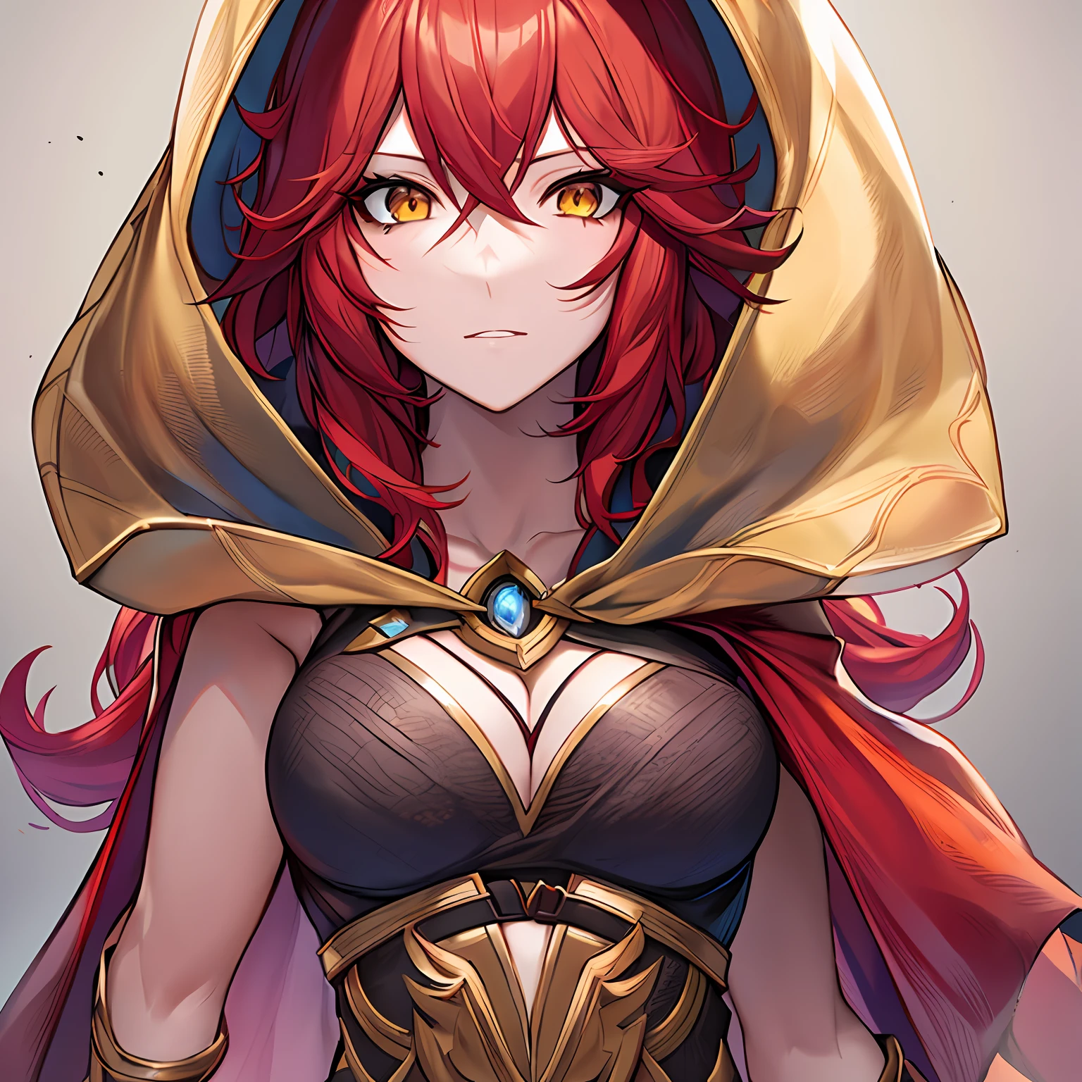 red hair, 1girl, yellow eyes, league of legends, xayah, face portrait, medium hair, solo focus, full dressed, Hood, hooded cloak, ears through headwea, animal ears, detail and realism, detail face, 4k, (detailed eyes),