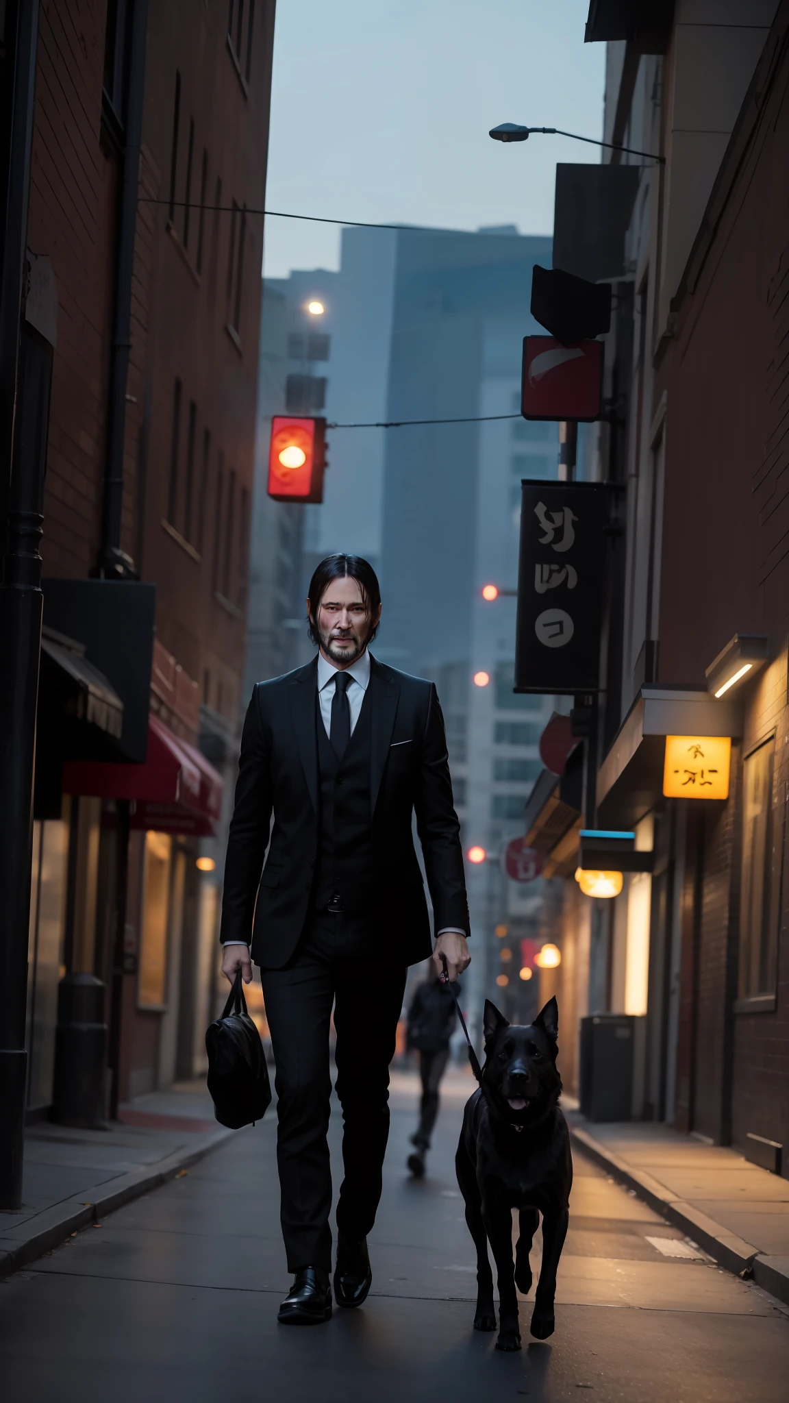 John wick and her dog walking together, on the street, cinematic lighting hyper realistic super details
