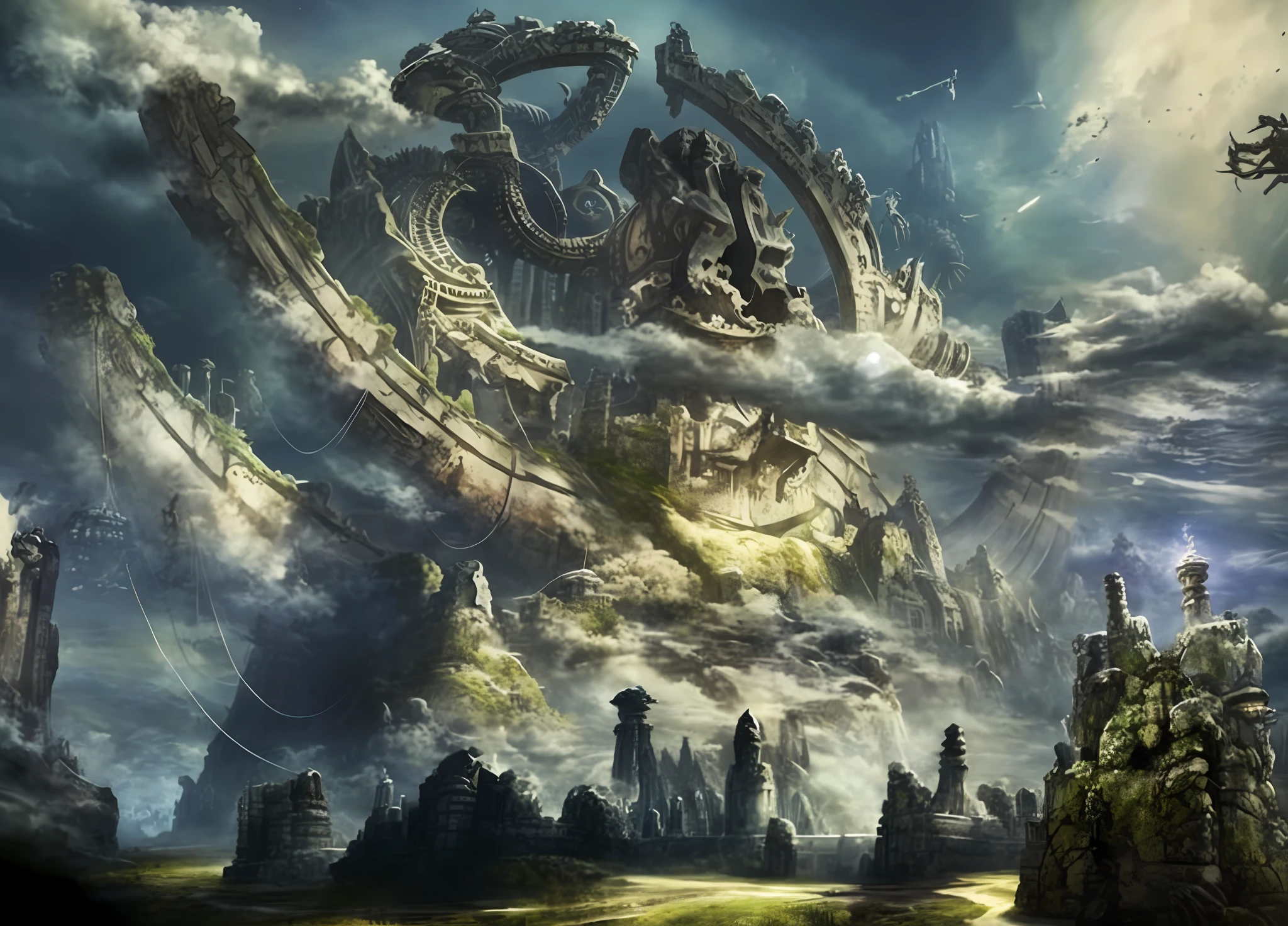 a picture taken from a video game of a giant structure, highly detailed fantasy art, ancient biomechanical temple, symmetrical epic fantasy art, big and structured valhalla city, epic fantasy artwork, epic scifi fantasy art, breathtaking fantasy art, epic fantasy art, wide angle fantasy art, detailed fantasy art, huge giant old ruins, ancient yet futuristic