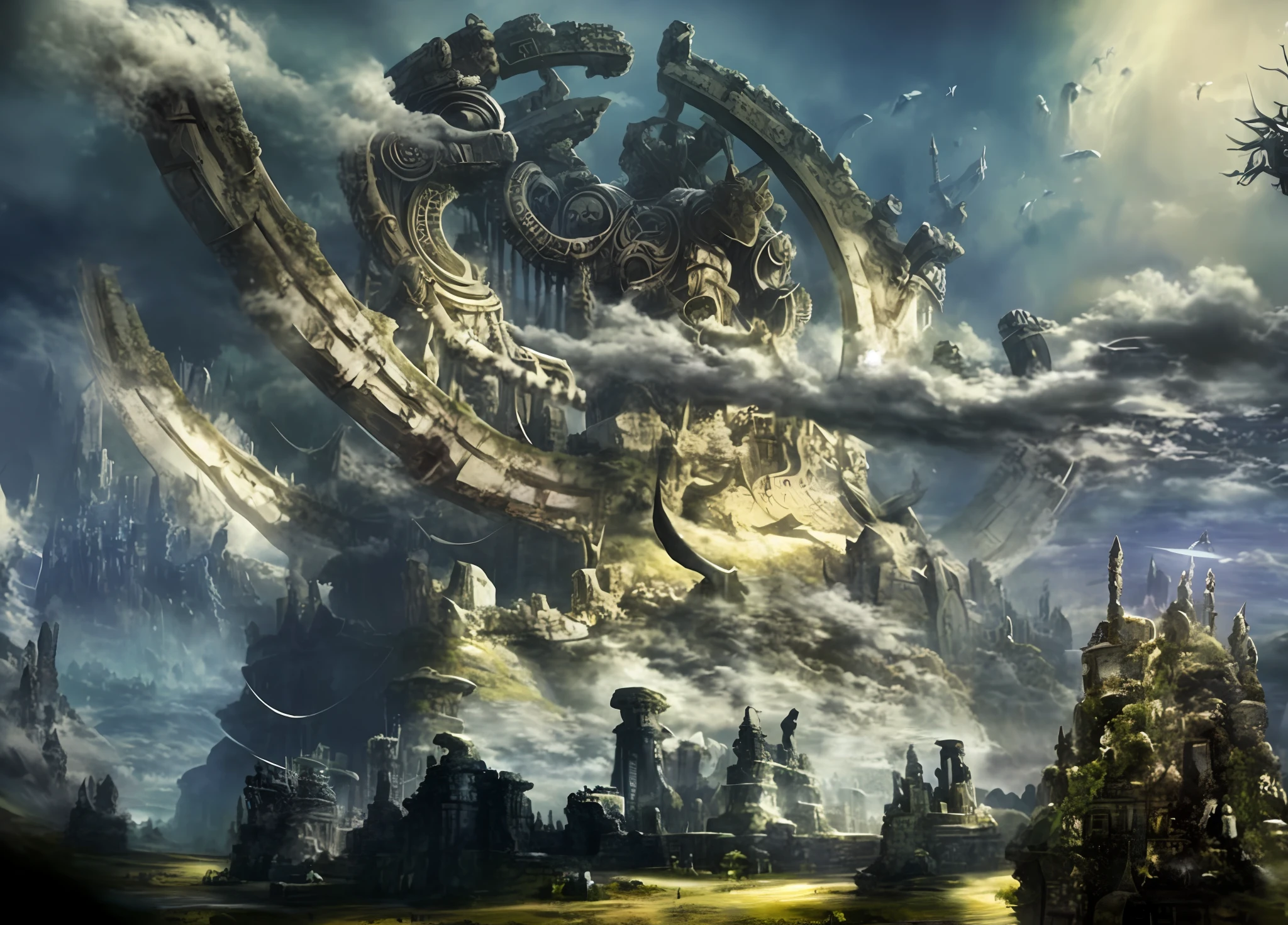 a picture taken from a video game of a giant structure, highly detailed fantasy art, ancient biomechanical temple, symmetrical epic fantasy art, big and structured valhalla city, epic fantasy artwork, epic scifi fantasy art, breathtaking fantasy art, epic fantasy art, wide angle fantasy art, detailed fantasy art, huge giant old ruins, ancient yet futuristic