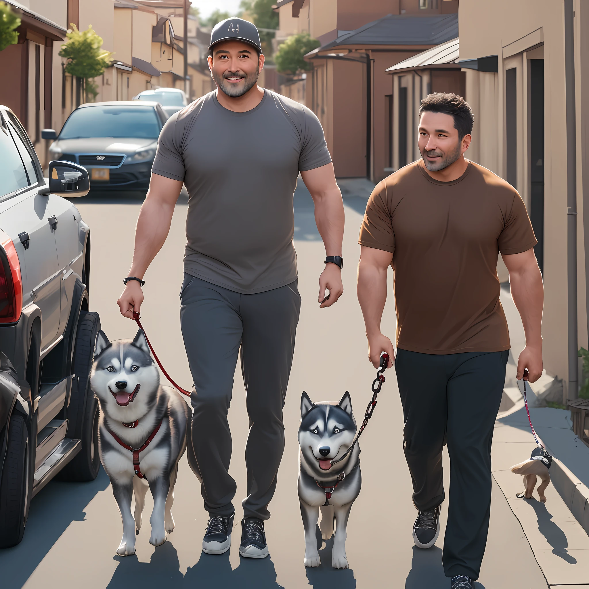 A 40-year-old man, with a stout body, wearing a brown T-shirt, long gray pants, short hair, , a husky dog ​​being held by a man on a leash, background neighborhood street၊4k resolution, professional photographer, high quality, reality,