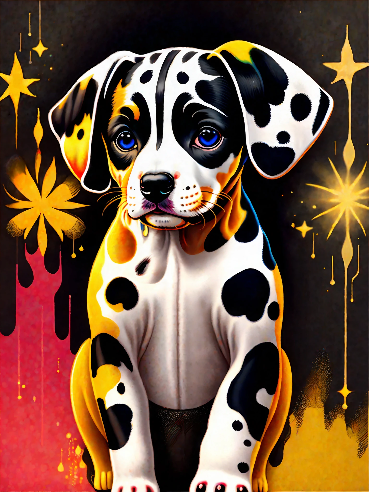a painting of a colorful Dalmatian puppy on a black background,, breathtaking rendering, within a radiant connection, inspired by Kinuko Y. Craft,, magical elements, icon of a Dalmatian puppy, wow, is beautiful, casting a multi colorful spell, bright flash, flash