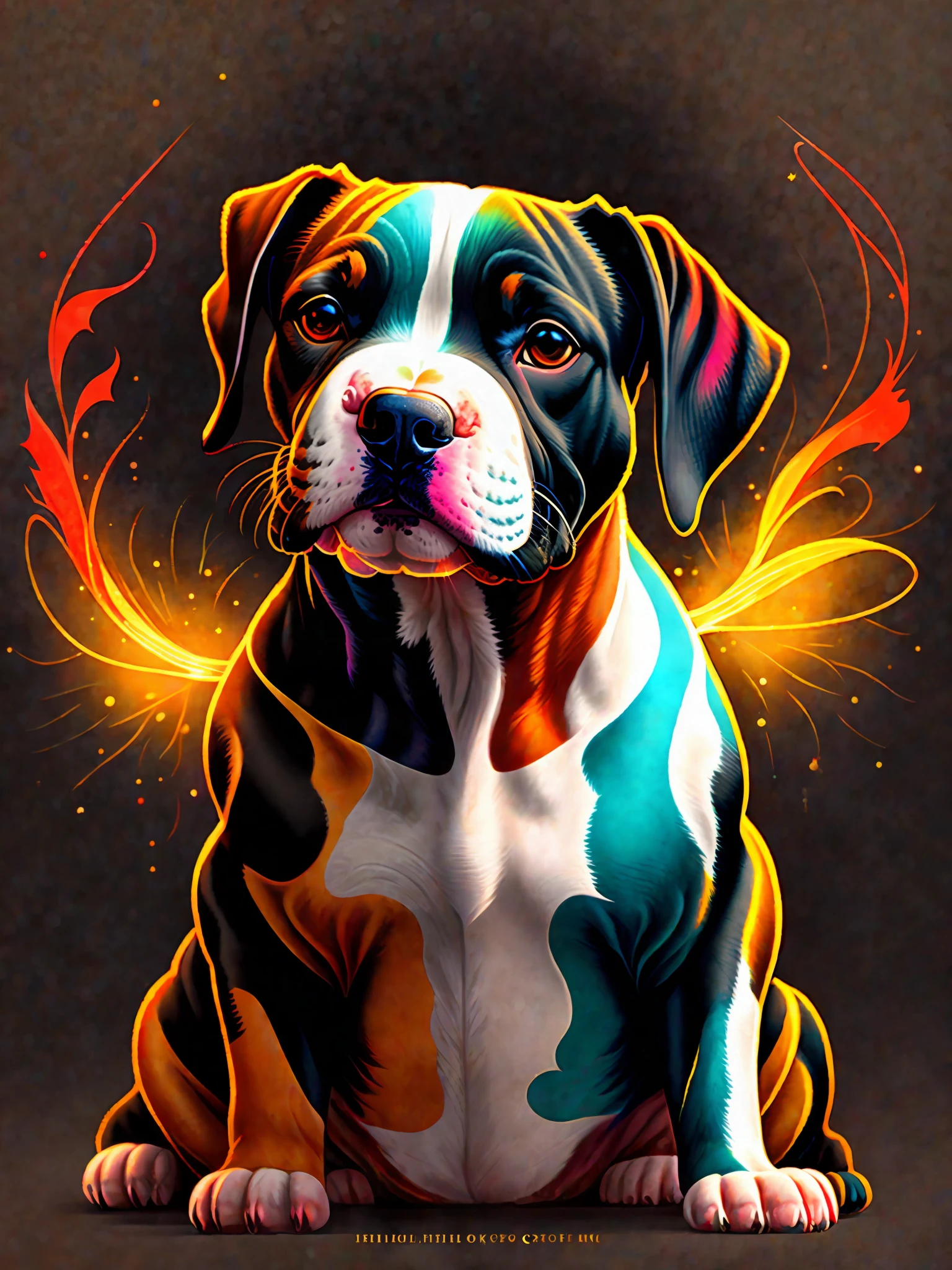 a painting of a colorful pit bull dog on a black background,, breathtaking rendering, within a radiant connection, inspired by Kinuko Y. Craft,, magical elements, icon of a pitbull puppy, wow, is beautiful, casting a multi colorful spell, bright flash, flash