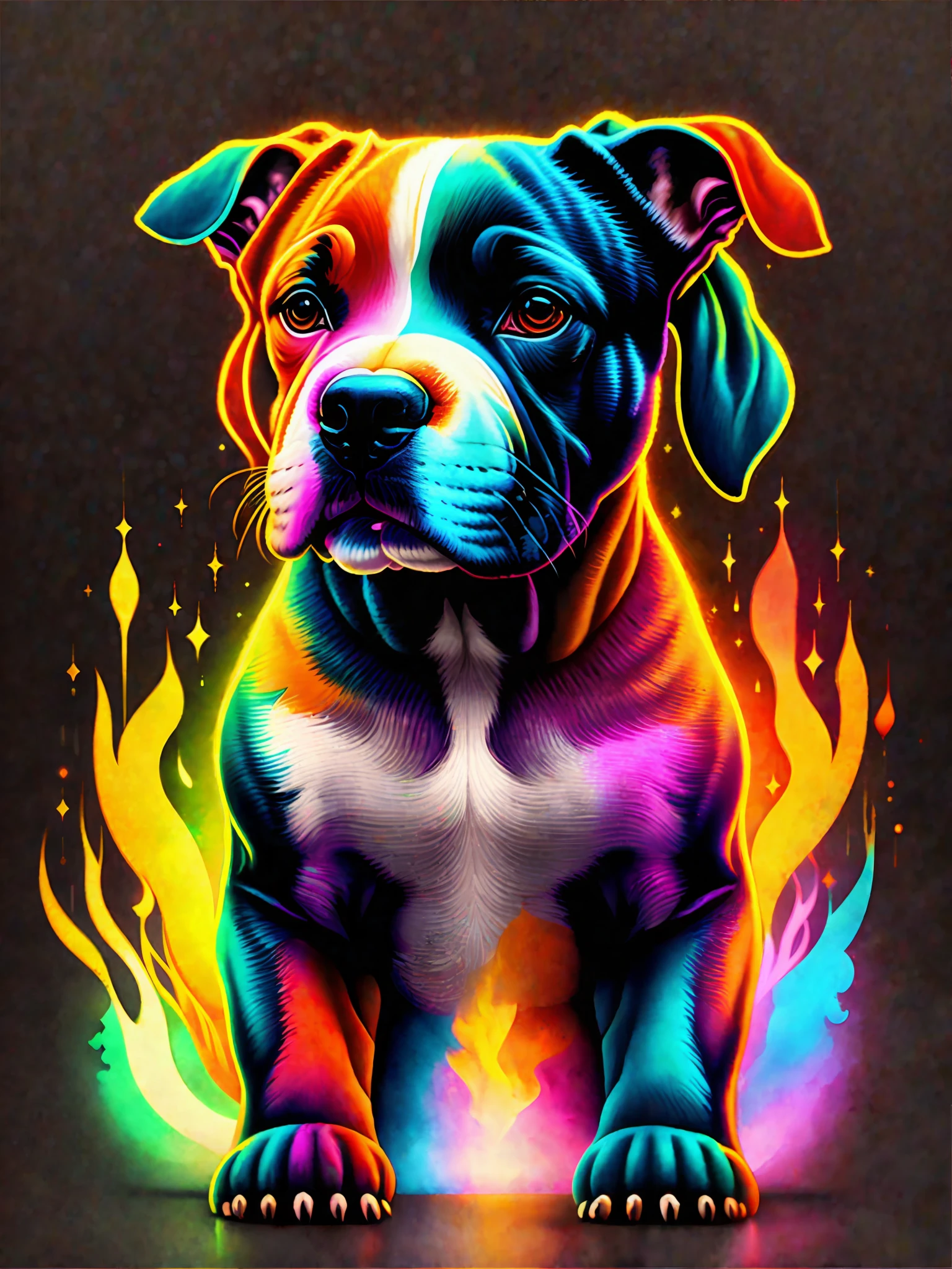 a painting of a colorful pit bull dog on a black background,, breathtaking rendering, within a radiant connection, inspired by Kinuko Y. Craft,, magical elements, icon of a pitbull puppy, wow, is beautiful, casting a multi colorful spell, bright flash, flash