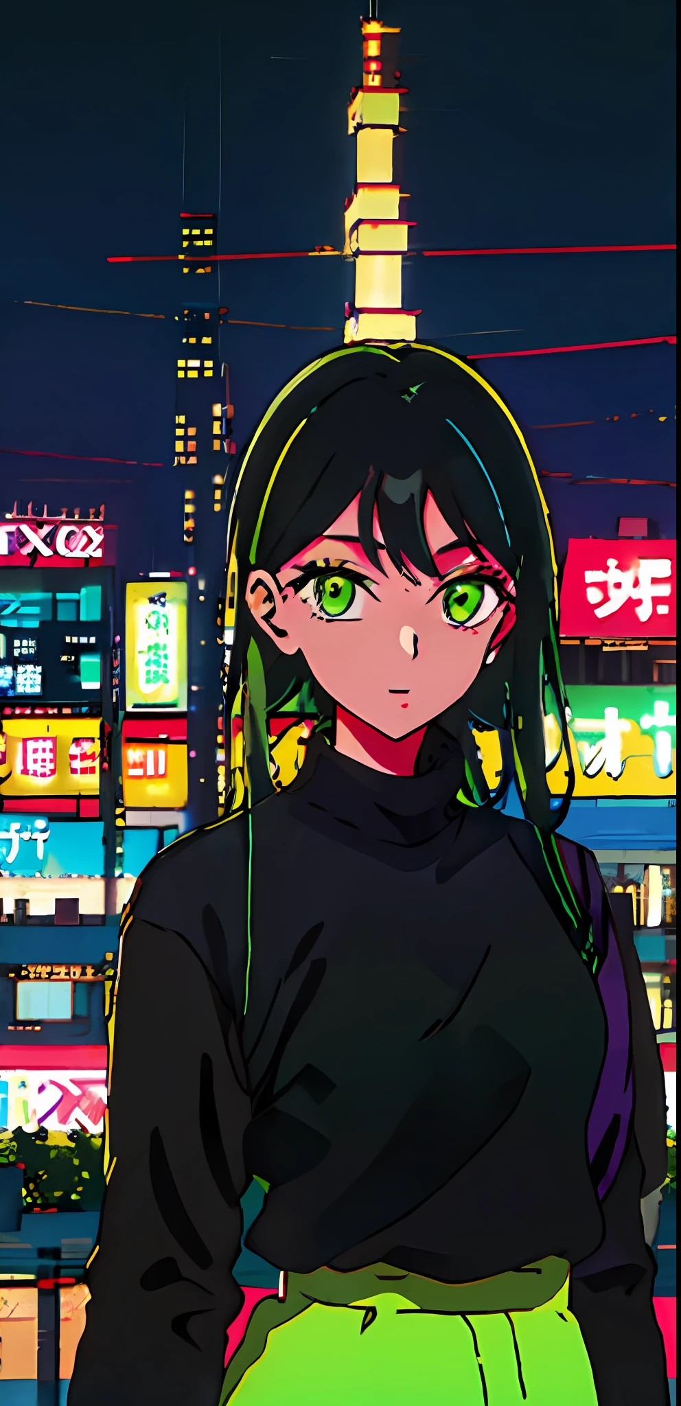 1girl, solo, black sweater uniform, bangs,happy,posing, multicolored hair, (masterpiece:1.2), highres, best quality, 8k, Night neon city Tokyo background, green hair