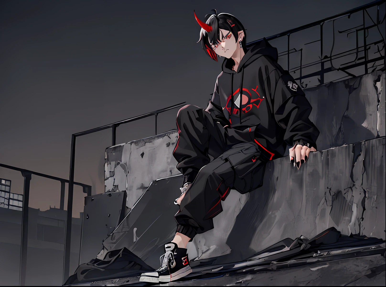 ((highest quality, masterpiece, 4k, finely detailed, gelbooru, pixiv)), solo, masculine, 1boy, detailed eyes, slit pupils, detailed face, elf ears, young boy, soft features, emo, ((1 demon horn fading from black to red)), ((red eyes, sharp eyes, eyebags)), skinny, ((black hair, messy straight bob hairstyle, short hair, longer middle strand), (looking at viewer, angry expression), ((black band logo hoodie, baggy cargo pants, black converse sneakers, earrings)), painted nails, sitting on rooftop, night city background, hands next to body, dark atmosphere, moonlight, dynamic pose, rebellious expression