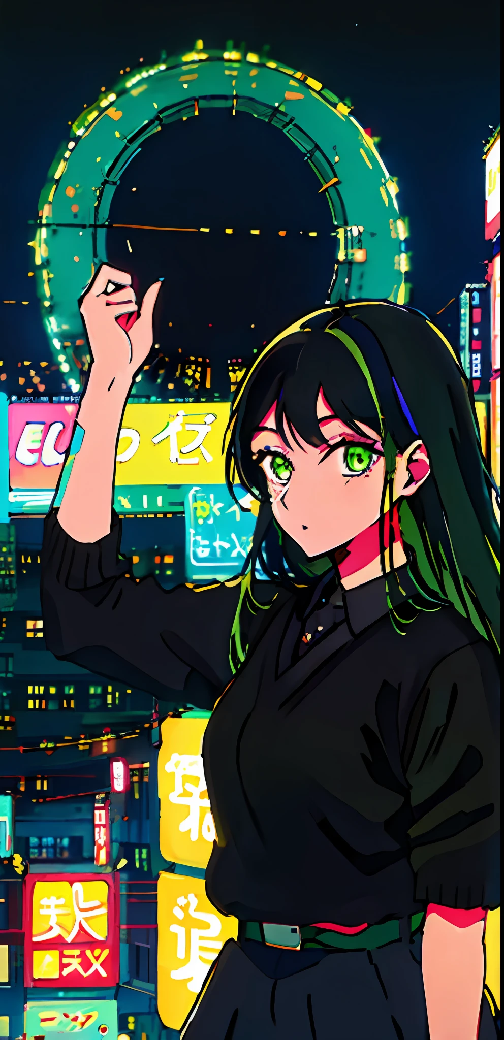 1girl, solo, black sweater uniform, bangs,happy,posing, multicolored hair, (masterpiece:1.2), highres, best quality, 8k, Night neon city Tokyo background, green hair