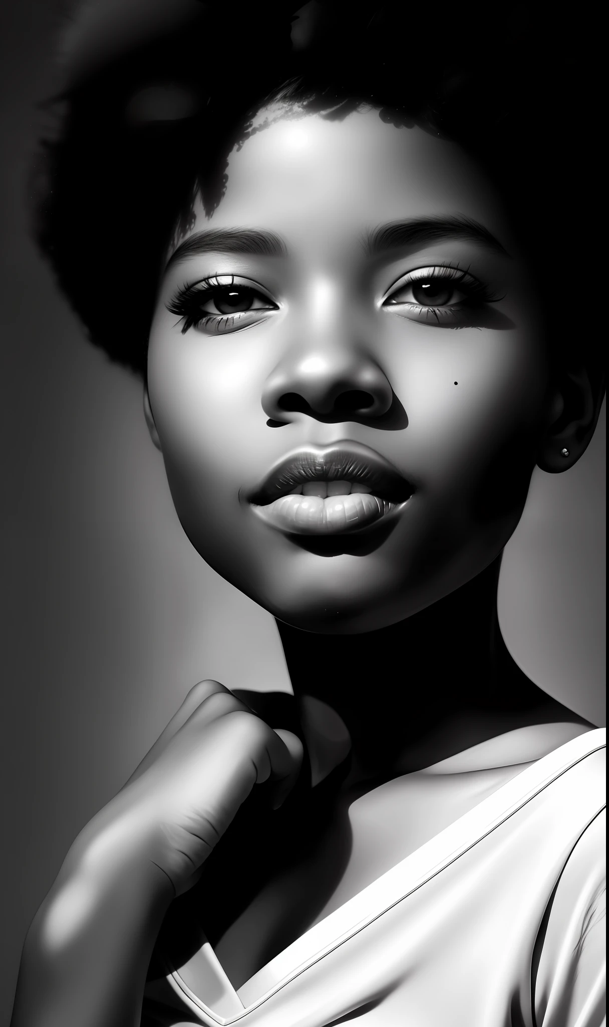 Extreme Macro, close-up black and white sleeve, African-American black ager with a shy flirtatious expression,
gorgeous manga-style eyes by Ray Caesar, artgerm exaggerated facial features
