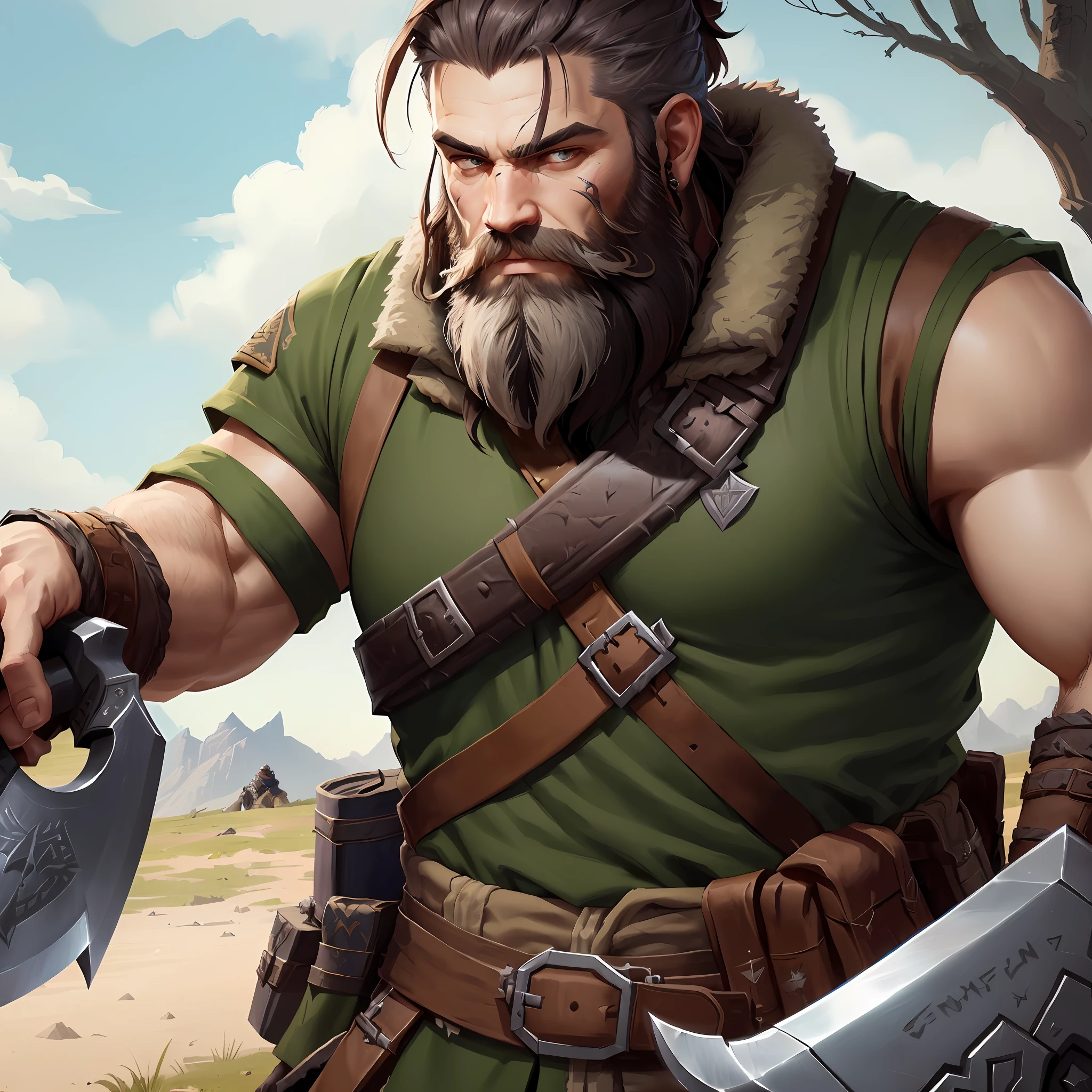 there is a man with a beard and a beard holding a large knife, epic rpg portrait, hero character art, painted portrait of rugged odin, rpg character art, rugged male ranger, character splash art, rpg_portrait, legends of runeterra, inspired by Johannes Helgeson, rpg portrait, epic character art, fierce bearded dwarf, detailed game art