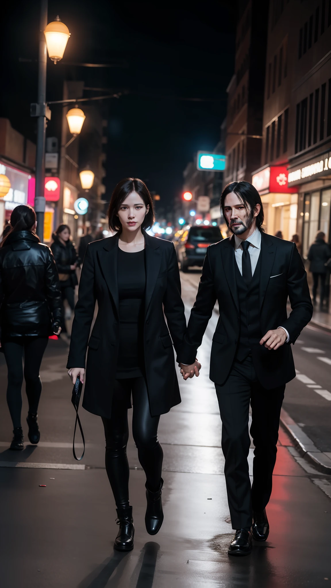 John wick and her dog walking together, on the street, cinematic lighting hyper realistic super details
