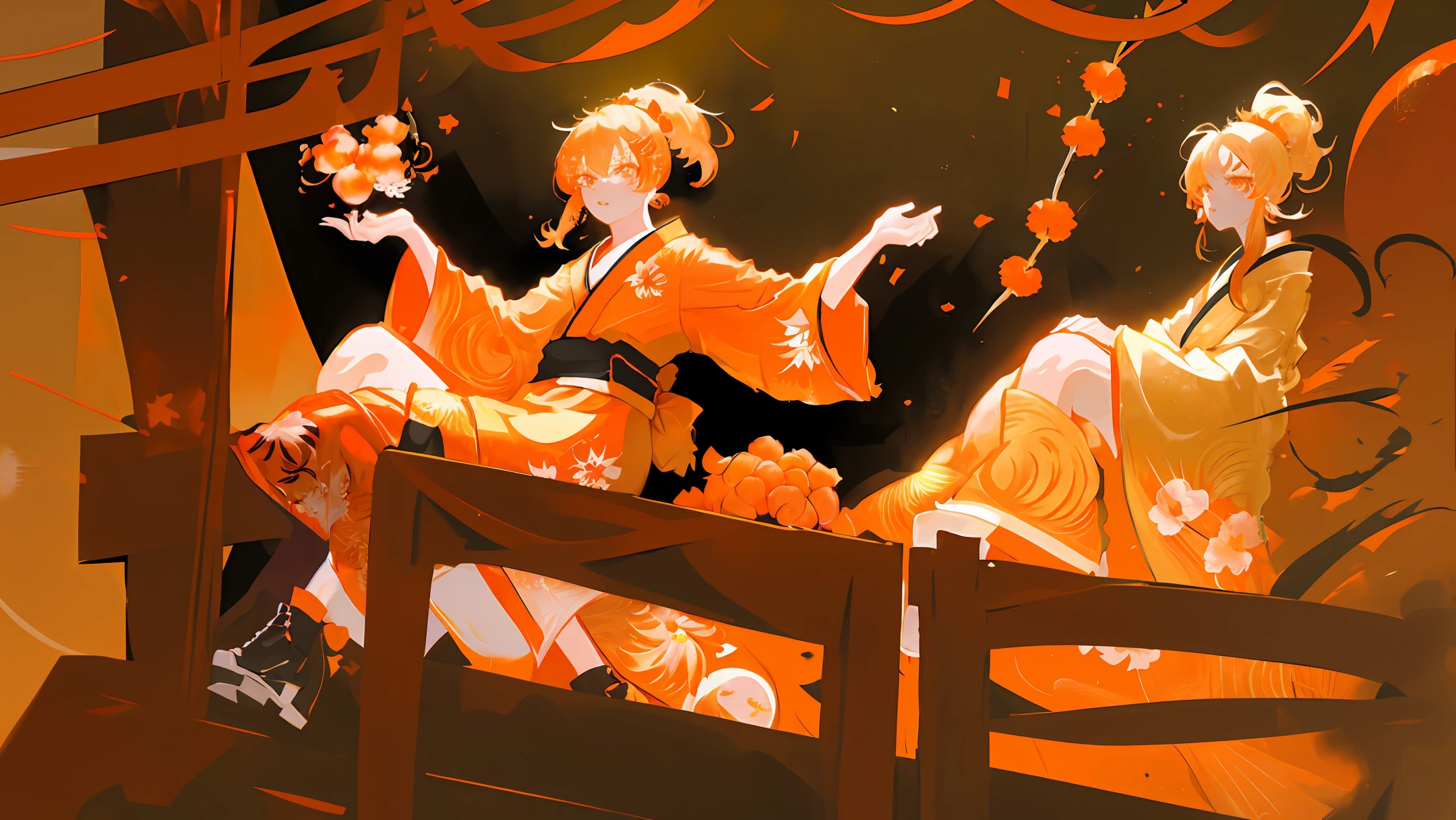 Blonde hair, high and short messy ponytail, short orange kimono with pattern on it and short sleeves, long boots, red goldfish Accessories in hair, flower clips, giant ball earring, orange eyes, light skin, fireworks in the background, kimono has touches of black and peach color.