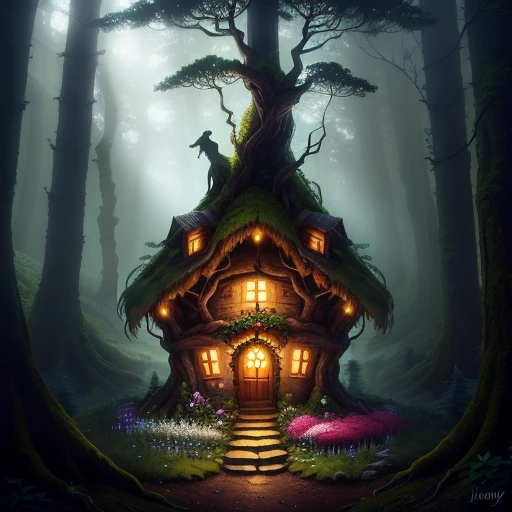Fairy house in a forest valley.  epic lighting.  mystical trees with thick roots.  cairn.  flower