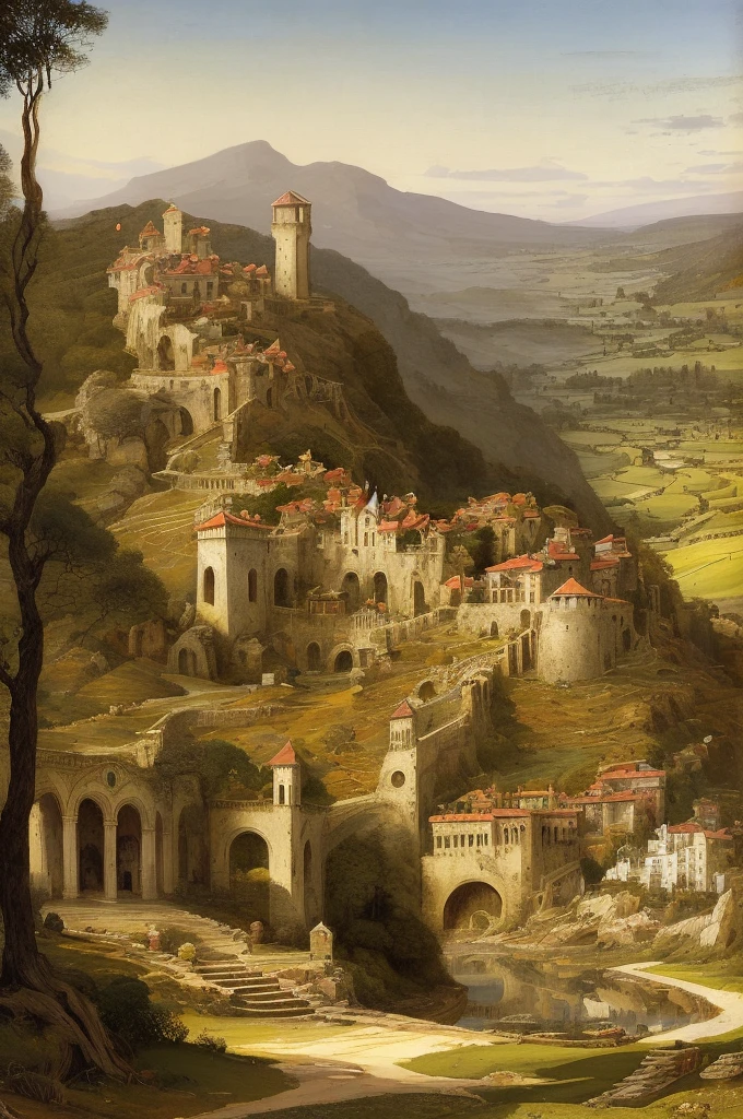 (((Pre-Raphaelite painting))) Roman citadel with circular wooden huts, fortified and fenced hill