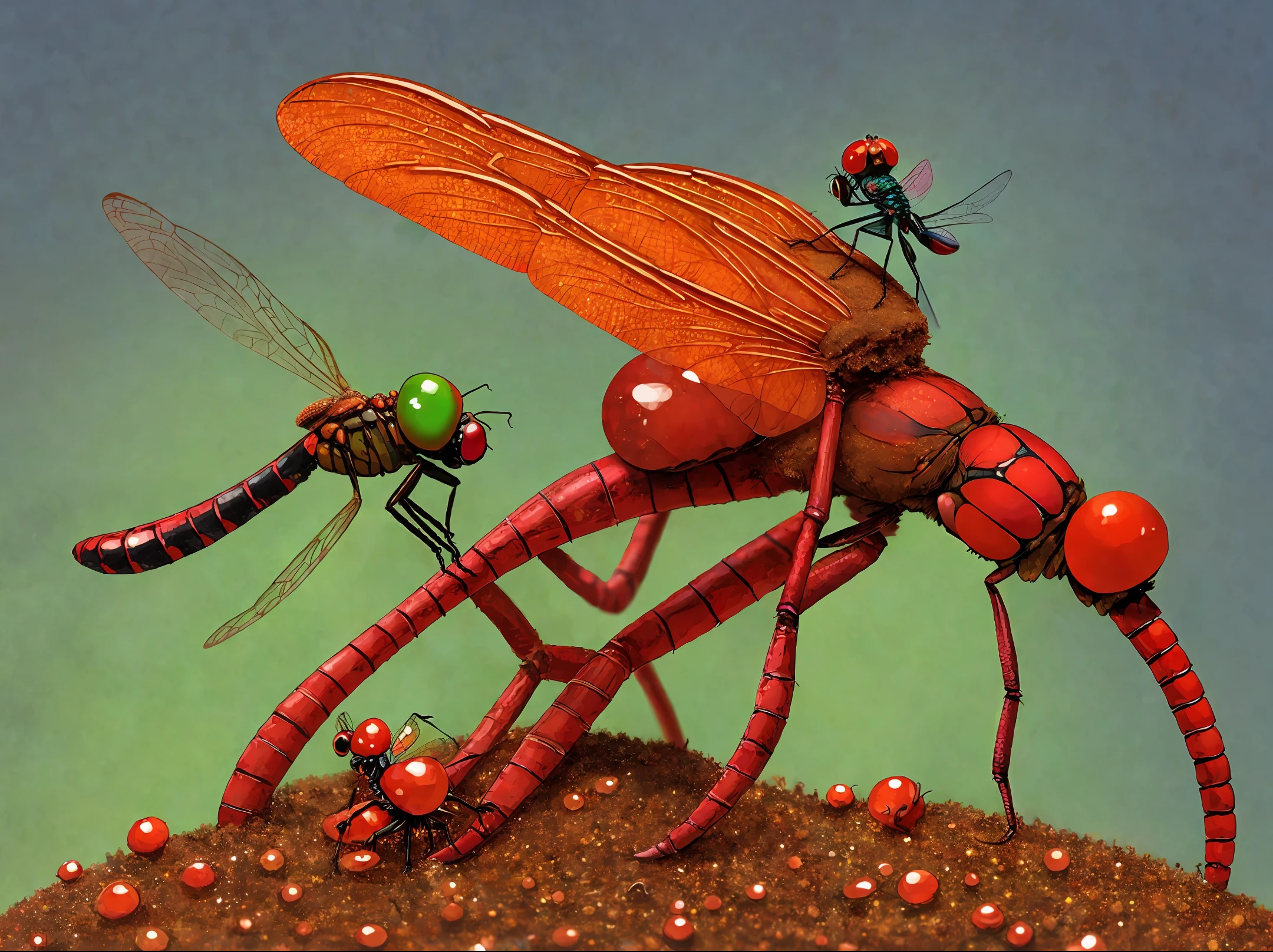 anthill with glowing red cute dragonfly on top, fantasy, art