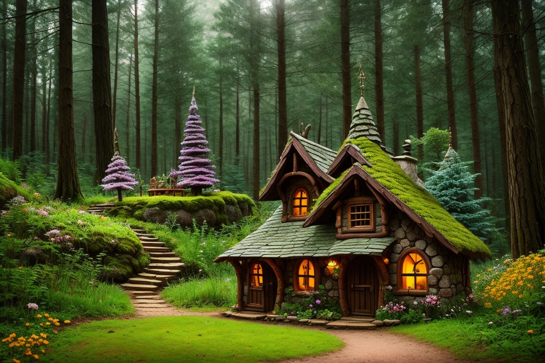Fairy house in a forest valley.  epic lighting.  mystical trees with thick roots.  cairn.  flower.  Steampunk details