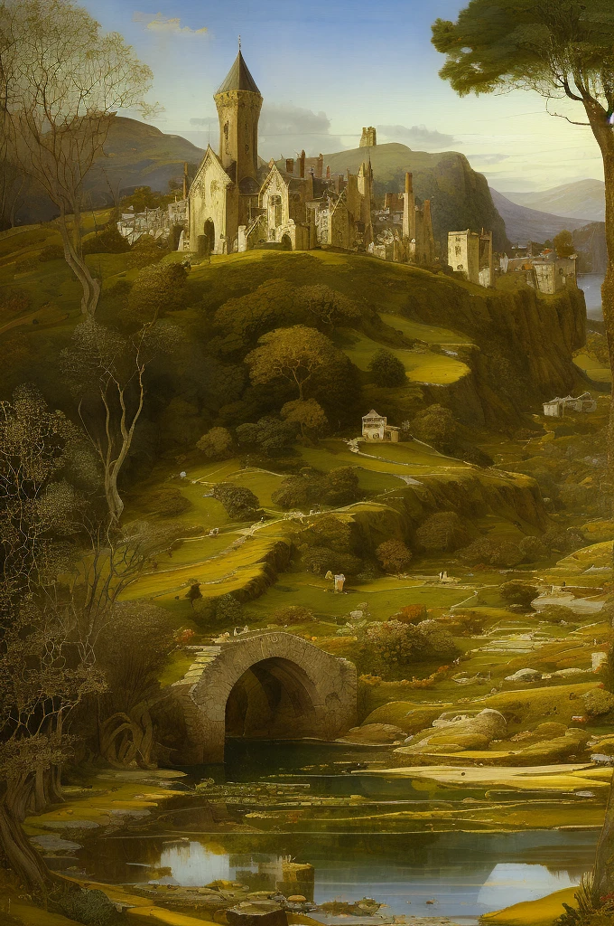 (((pre-Raphaelite painting))) Small Celtic village