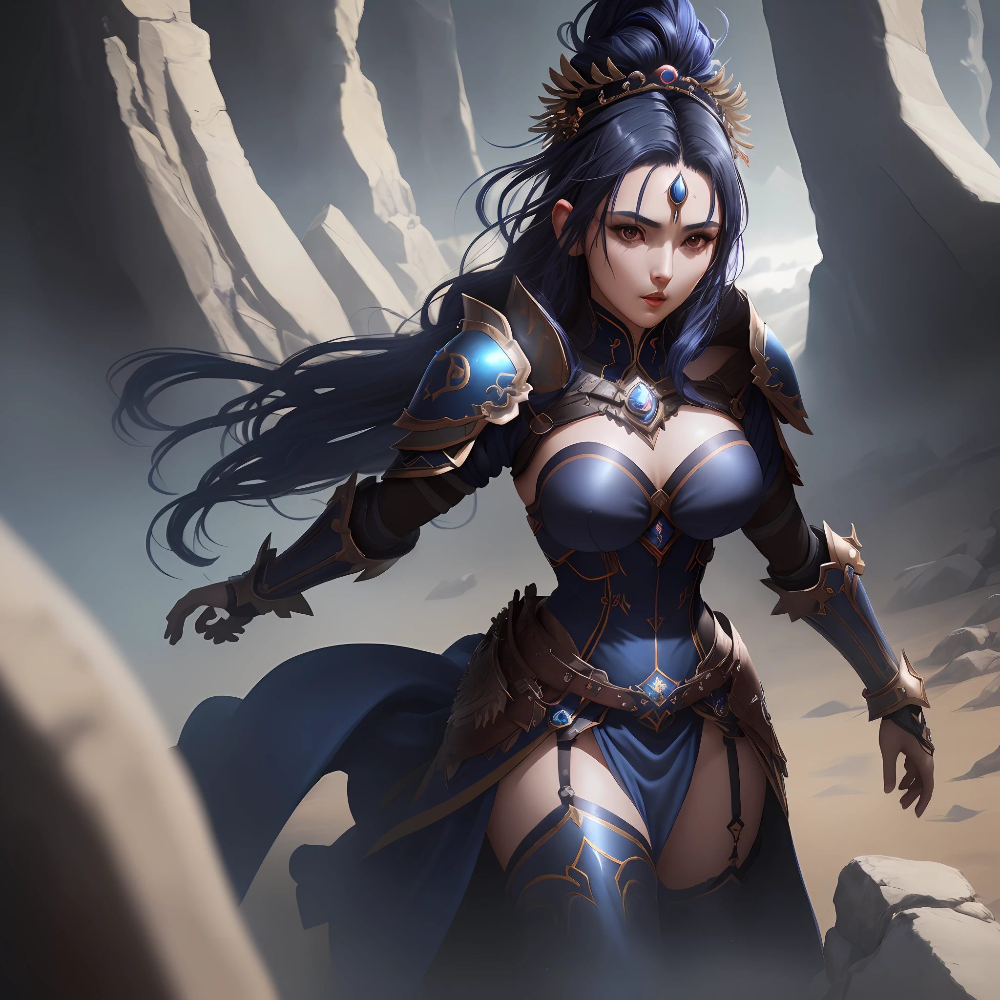 The female Warrior empress (small breasts, dark blue hair), masterpiece, best quality, (extremely detailed unity 8k CG wallpaper), (best quality), (best illustration), (best shadow), absurdities, realistic lighting, (Abyss), beautiful detailed brightness,